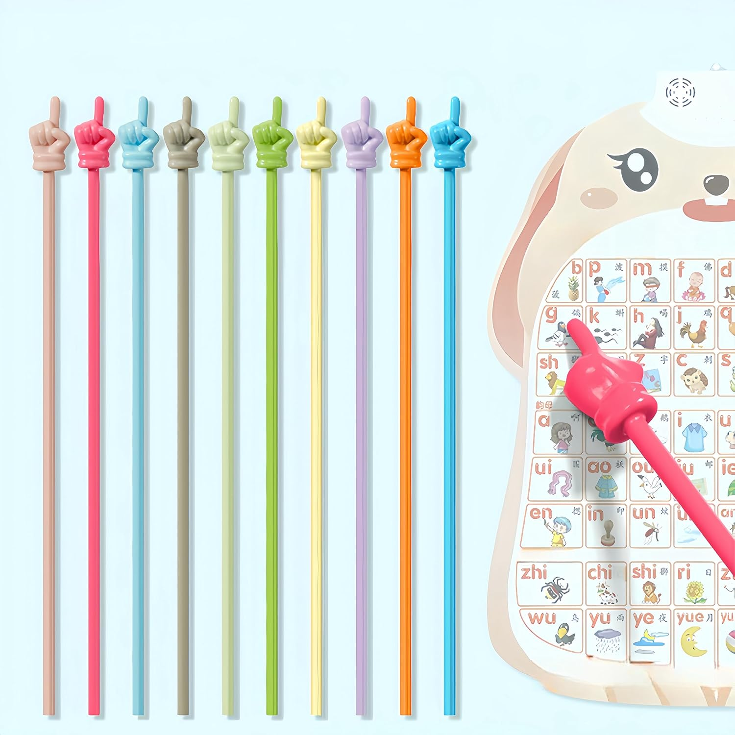 10PCS Children Finger Reading Stick Pointer Kindergarten Student Teacher Teaching Reading Picture Book Finger Shape Mini Pointer Stick (B-Macaron)