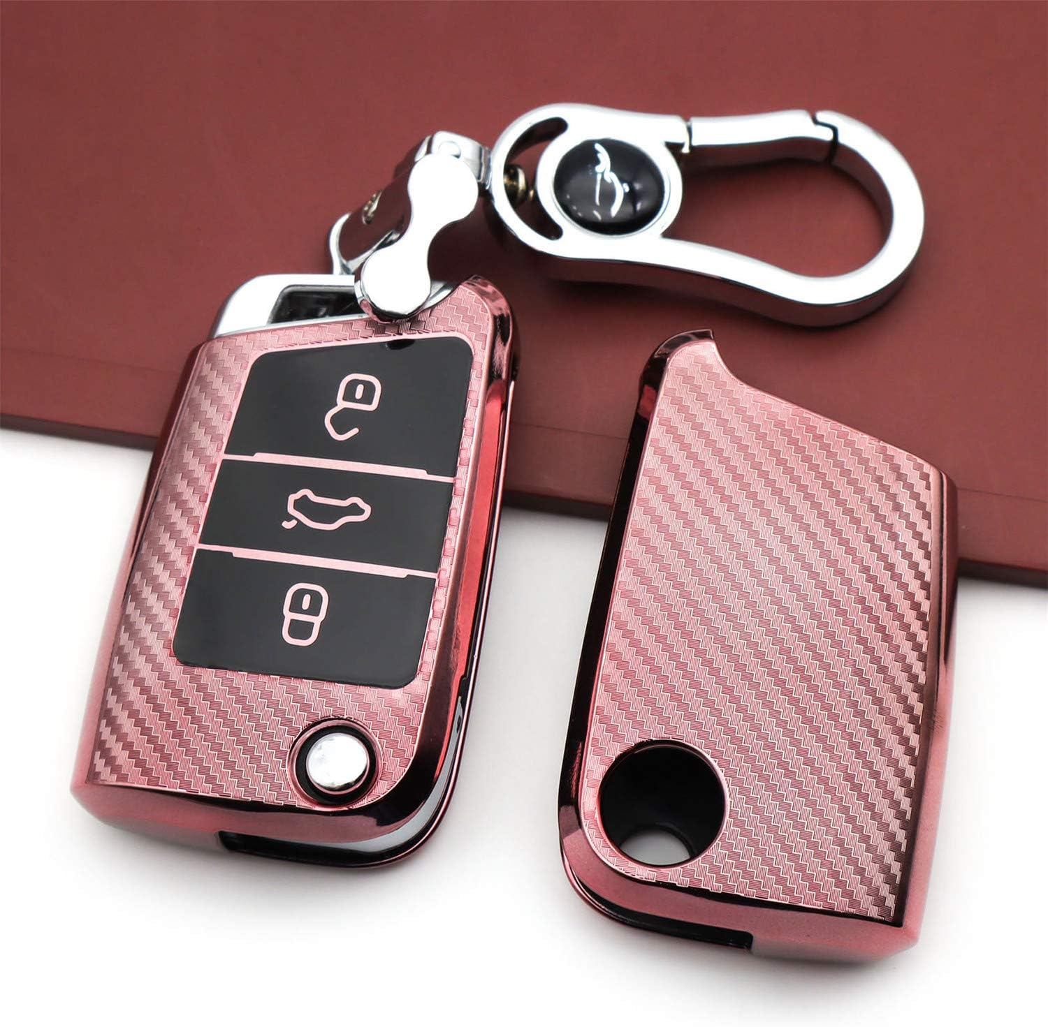 M.Jvisun Soft Carbon Fiber Finish Car Key Fob Cover for Volkswagen Atlas Golf Jetta Polo for Tiguan for Skoda Kodiaq Karoq for Audi A1 for Seat Ateca Leon Flip Key TPU Case with Keychain - Pink image number 3