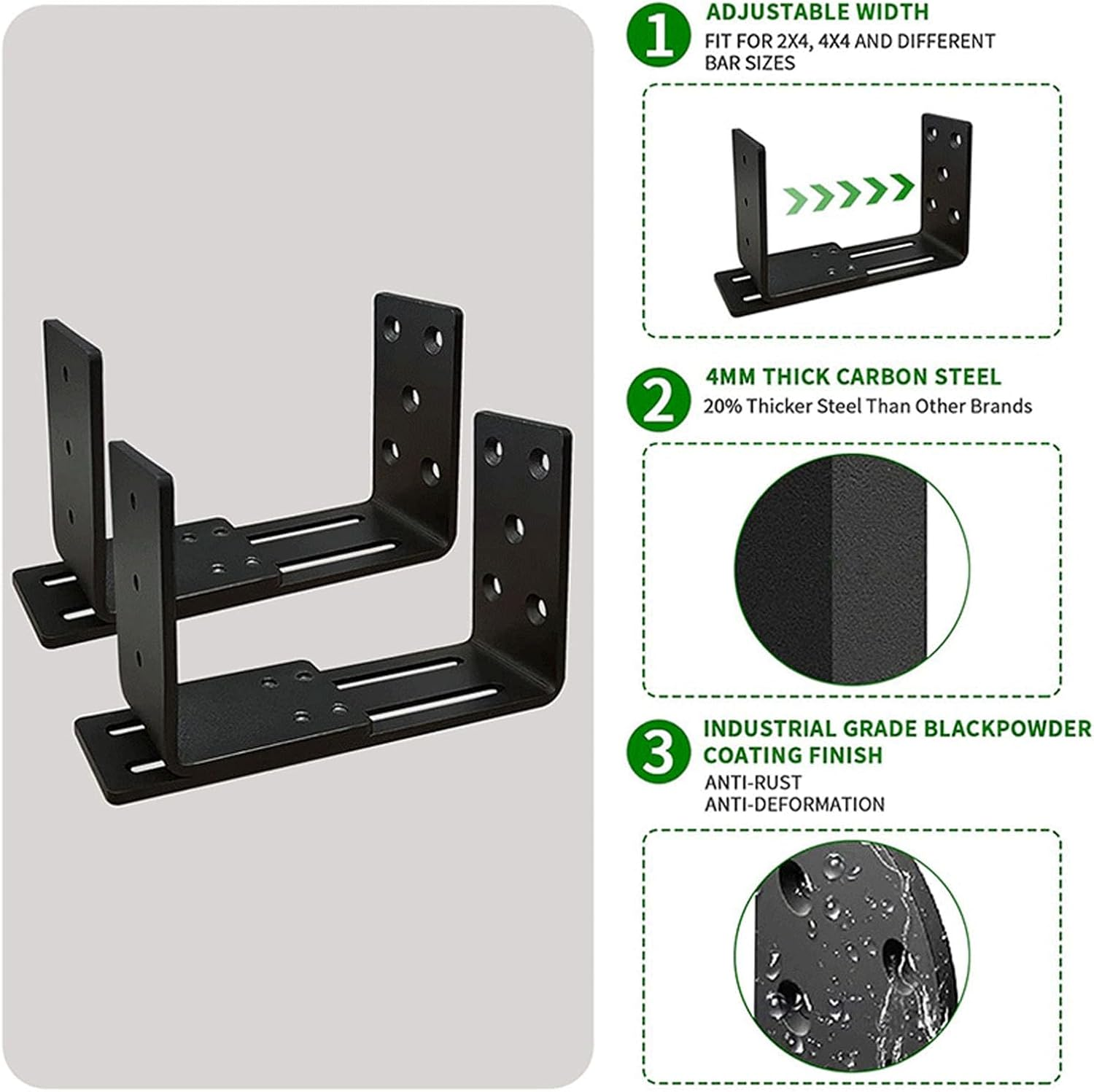 Jiawu Adjustable Door Barricade Brackets, Heavy Duty Drop Open Bar Holder, U Bracket, Black, Carbon Steel, Door Mount image number 3