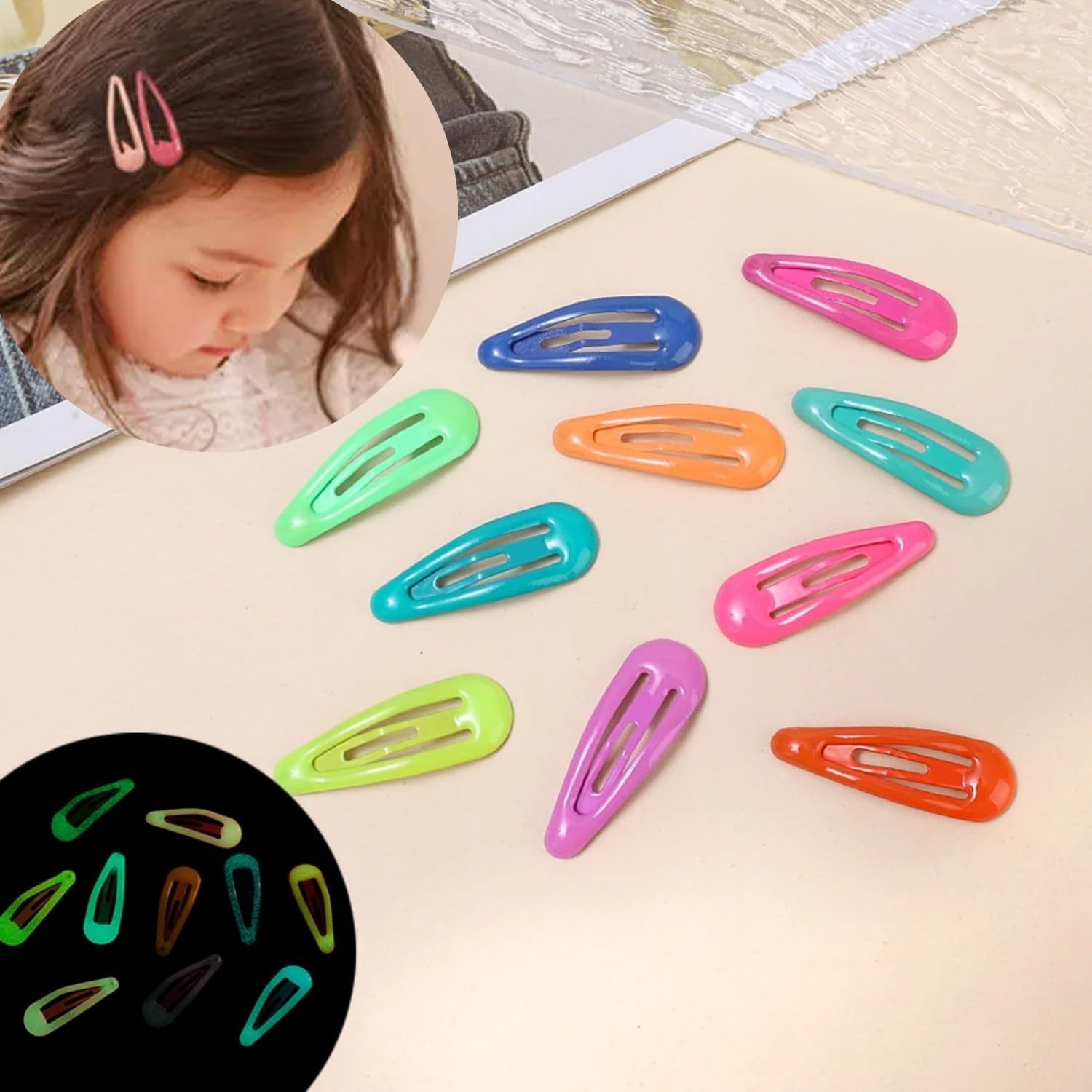 Colourful Luminous Hair Clips for Girls - 10 Pieces Hair Clips Set in Star, Rectangle and Heart Shapes, Glow in the Dark, Pentagram Design, Hair Clips and Hair Accessories (Water Drops)