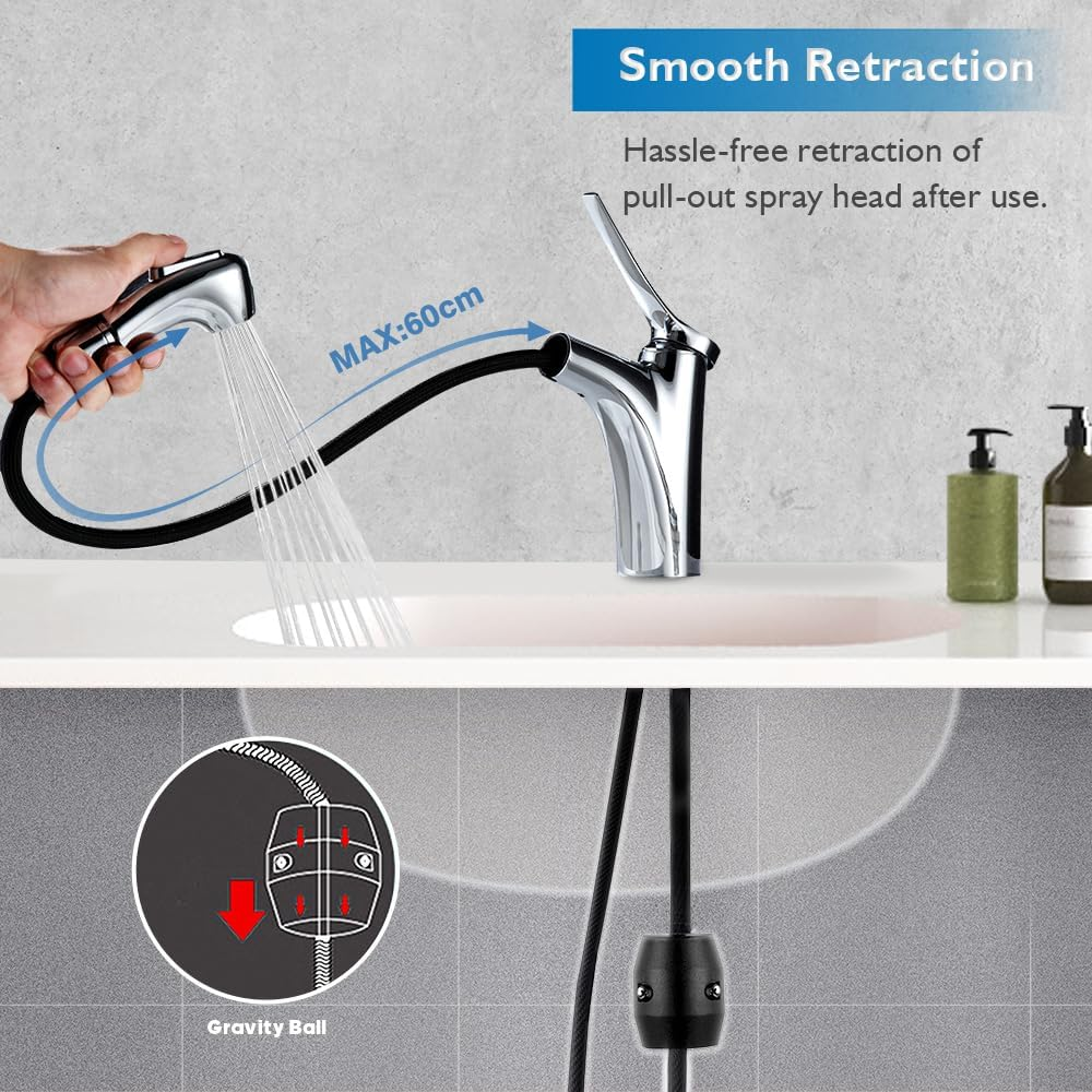 Decaura WELS Bathroom Basin Mixer Tap with Pull-Out Spray Head 2-Function Brass Basin Faucet (Chrome) image number 6