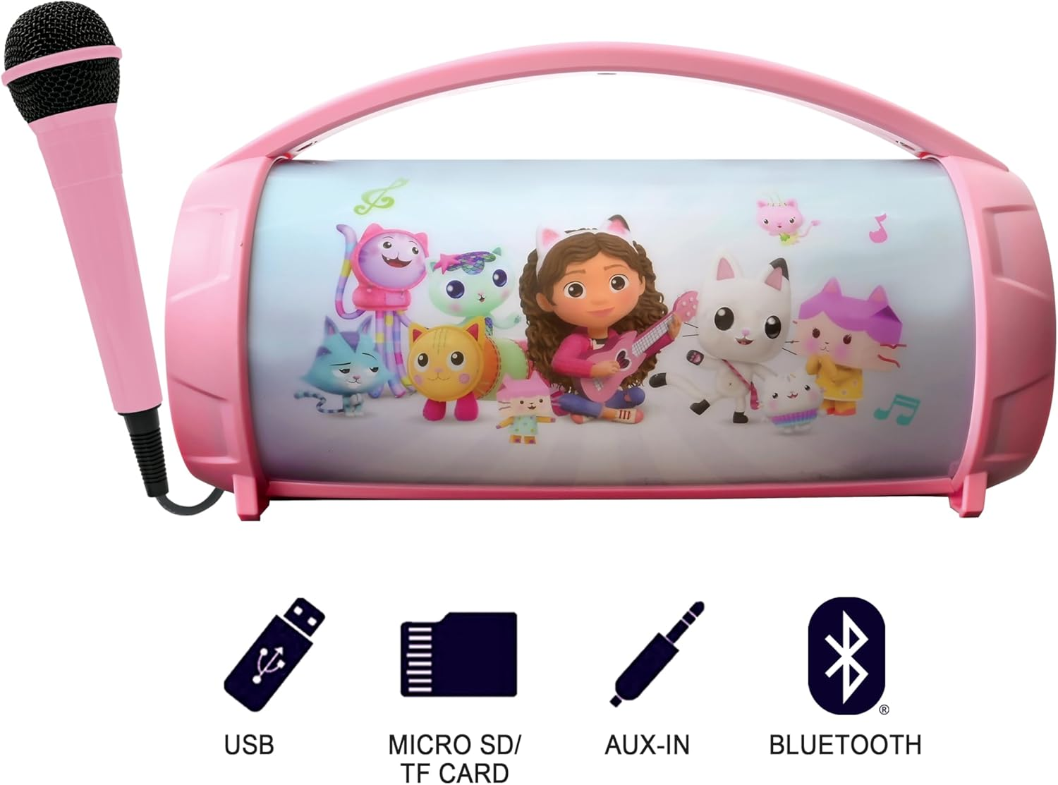 Lexibook, Gabby'S Dollhouse, Wireless Light Speaker with Microphone, Stereo Sound, Karaoke Function, USB and SD Card Ports, Rechargeable Battery, Carrying Handle, Pink, BTP585GDHZ image number 4