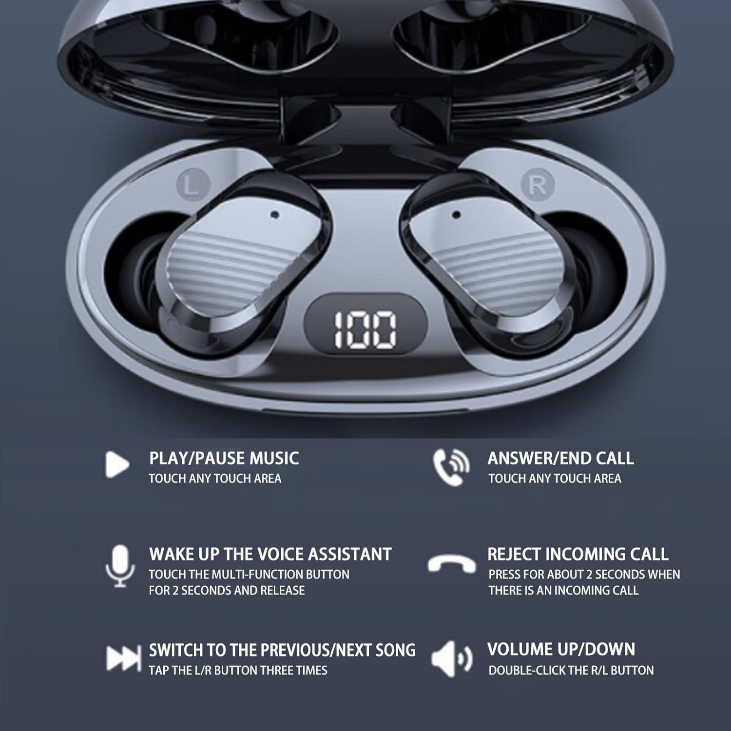 Echo Labs Ear Buds 2024 Edition, Wireless Audio Earbuds, Waterproof Bluetooth, LED Power Display (2Pcs Black) - Black image number 7