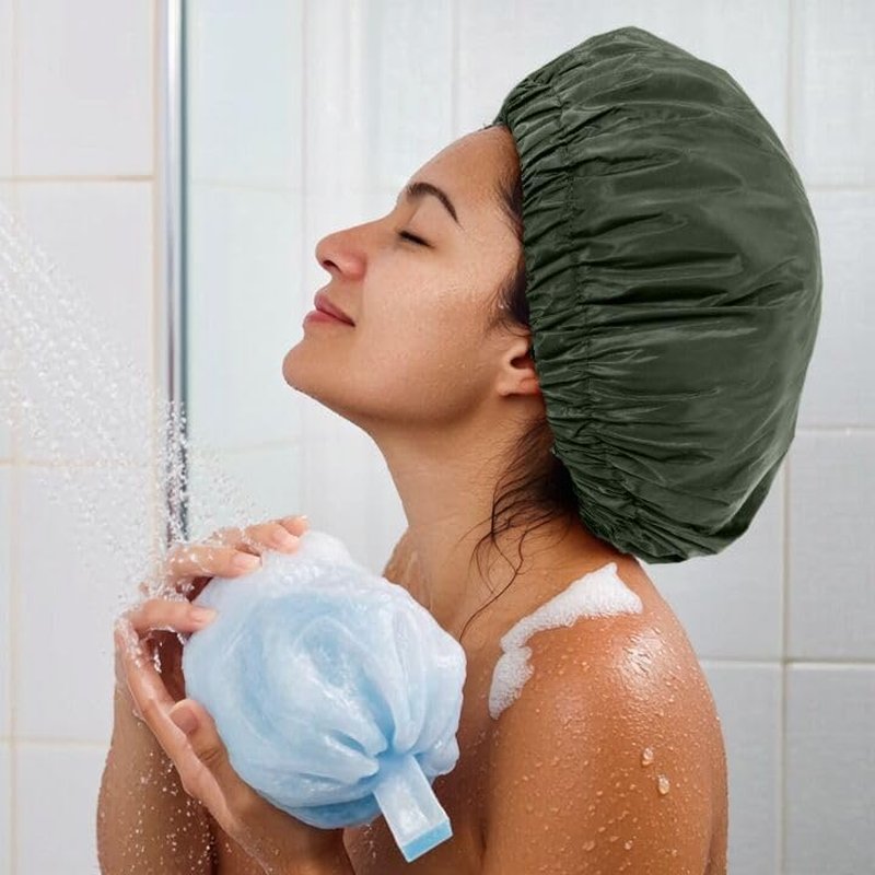 Reusable Shower Cap for Women, Large Waterproof Shower Bonnet Washable Elastic Band Bath Hair Hat for Long Hair, Braids(Green) - Blackgray image number 5