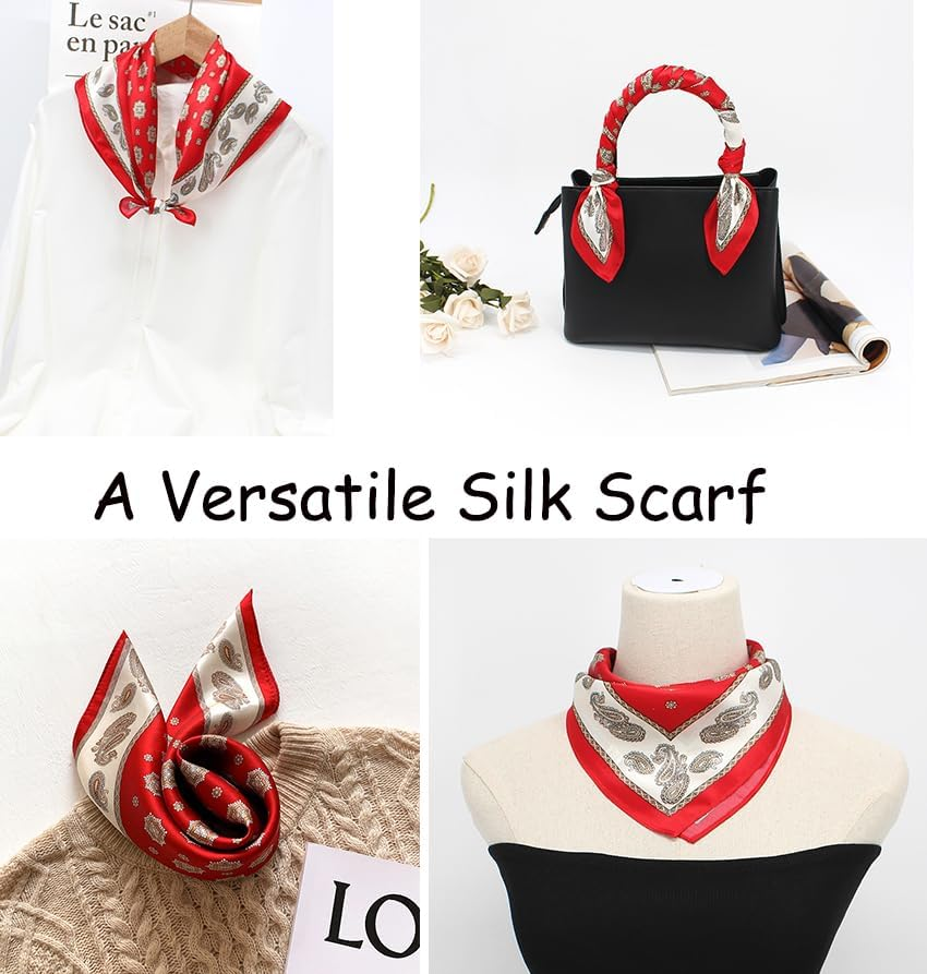 ANDANTINO 100% Pure Mulberry Silk Small Square Scarves -21'' X 21''- Digital Printed Neckerchief Women Men Lightweight Scarf - 01 Red Leopard image number 6