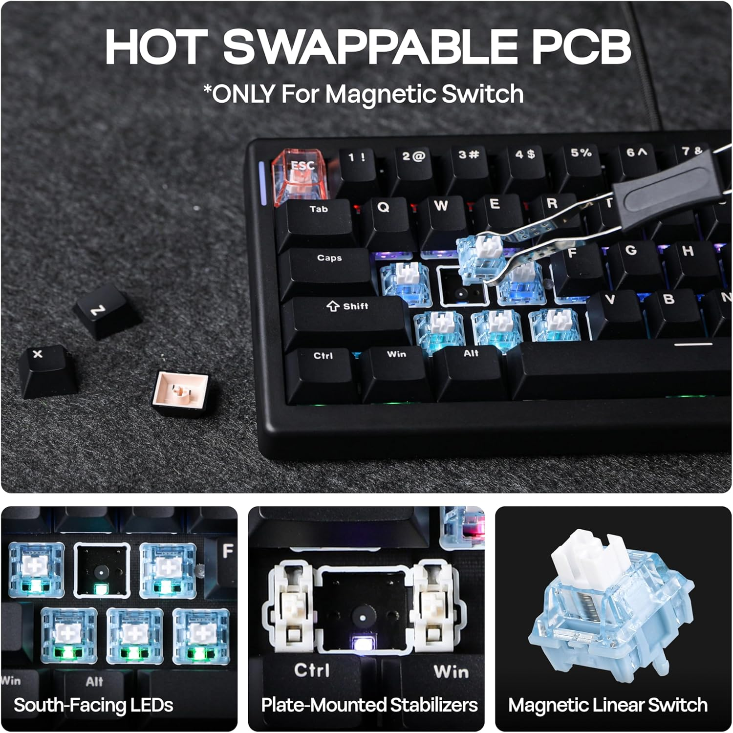 Mechlands CIDOO C60 HE Wired Rapid Fast Gaming Keyboard with Silent Magnetic Switch, Hall Effect Keyboard with 8K Polling Rate, 0.125Ms Latency, 63-Key Compact Layout, Hot-Swappable (Black) image number 5