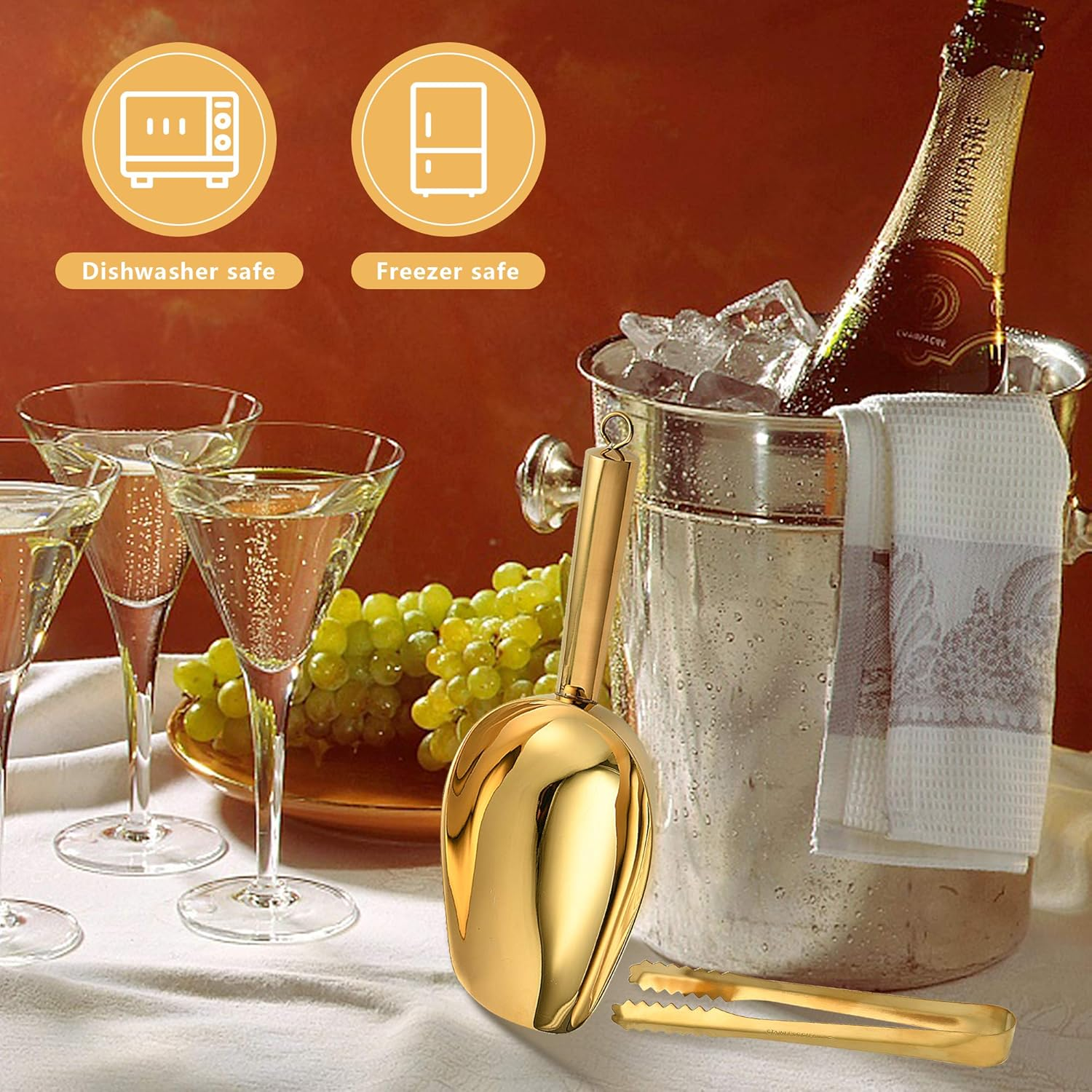 Stainless Steel Ice Scoop and Ice Tongs, Small round Bottom Bar Ice Flour Utility Scoop & Buffet Clip Kitchen Bar BBQ Party Wedding, Gold image number 6