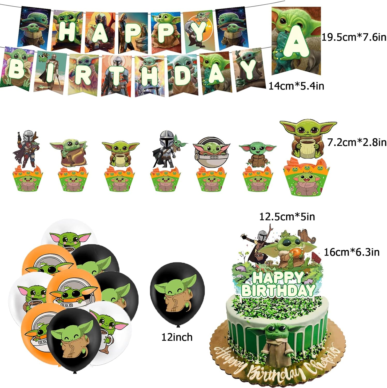 Dinoeye Baby Yoda Party Supplies Star Wars Birthday Decoration 18Pcs Balloons, 1Pcs Banner, 13Pcs Cake Toppers Green Cartoon