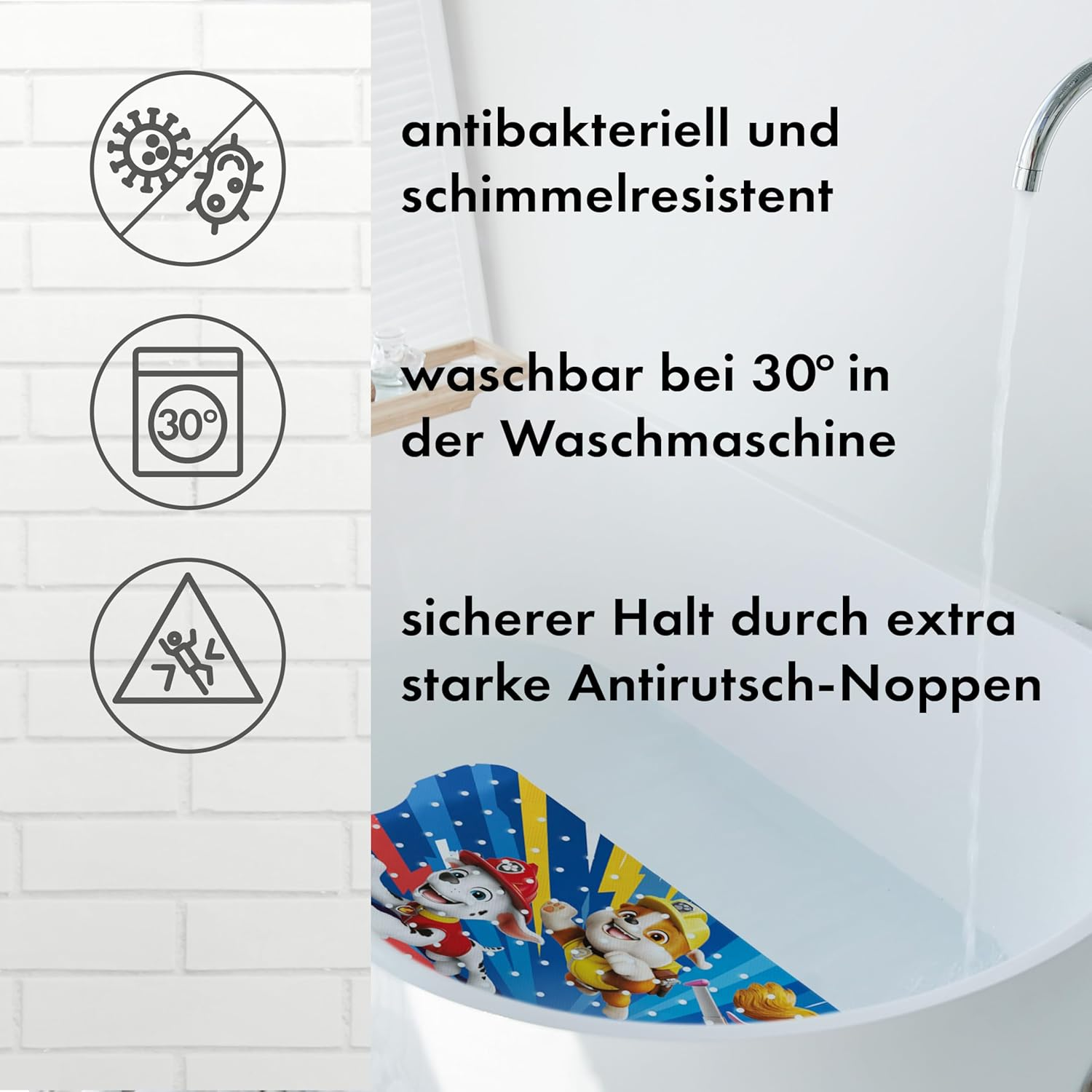 PAW Patrol Non-Slip Bath Mat for Children - Anti-Mould Bath Mat for PAW Patrol Fans, Anti-Bacterial, with Suction Cups, Hangers and Drainage Holes, 100 X 40 Cm image number 1