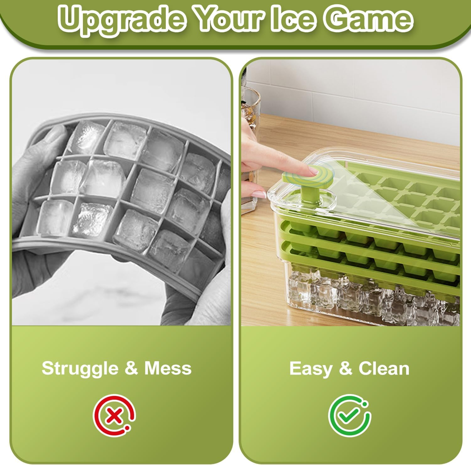 84-Piece Ice Cube Tray with Lid & Bin, WEKUBA 2026 Upgraded One-Button Release Ice Cube Trays, with Ice Scoop, for Frozen Food, Drinks, Coffee,Fruit, Whiskey,Cocktails,Juice and Ice Cream，Green