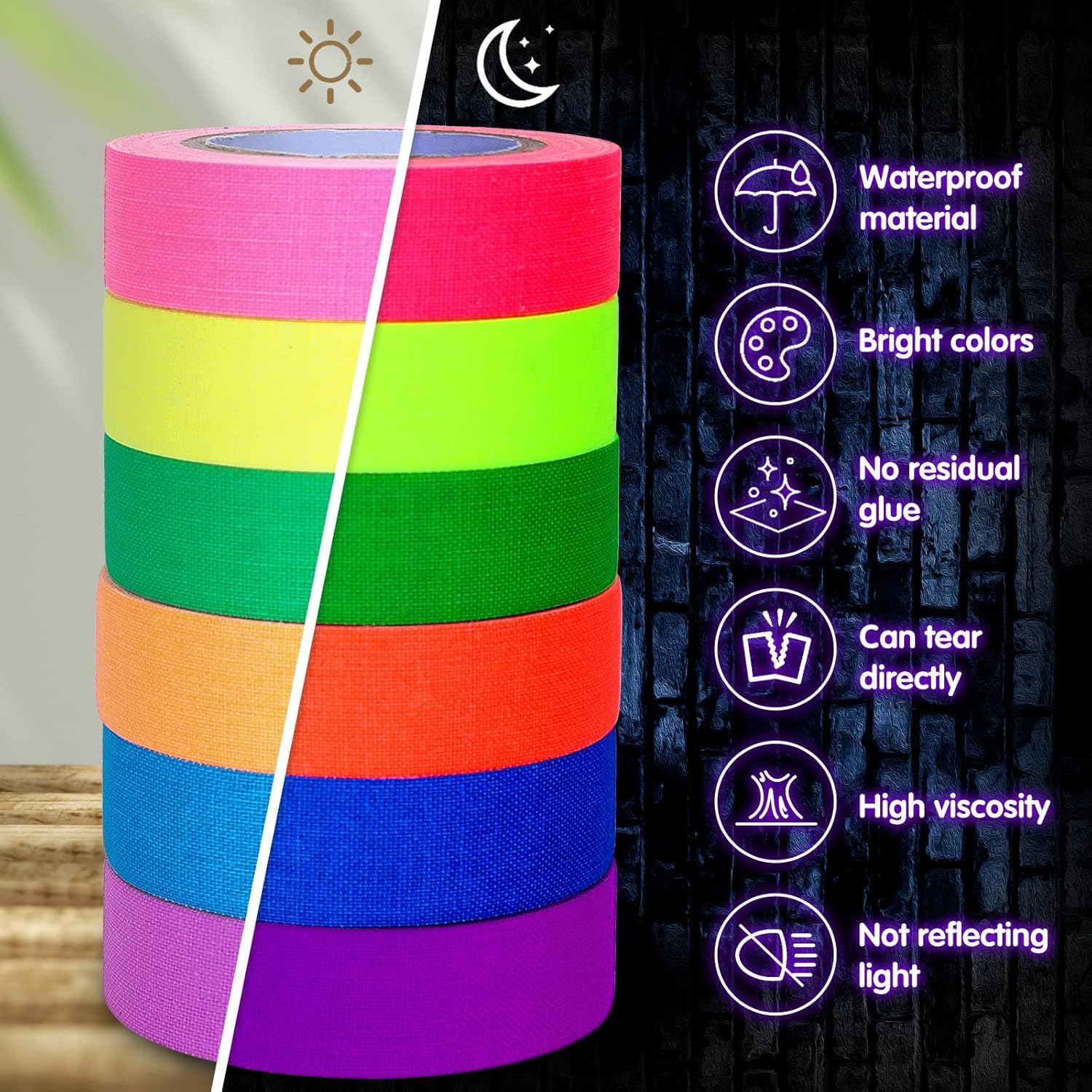 Whaline 6 Colors Neon Gaffer Cloth Tape, Fluorescent UV Blacklight Glow in the Dark Tape for UV Party (0.6 Inch X 16.5 Feet) image number 6