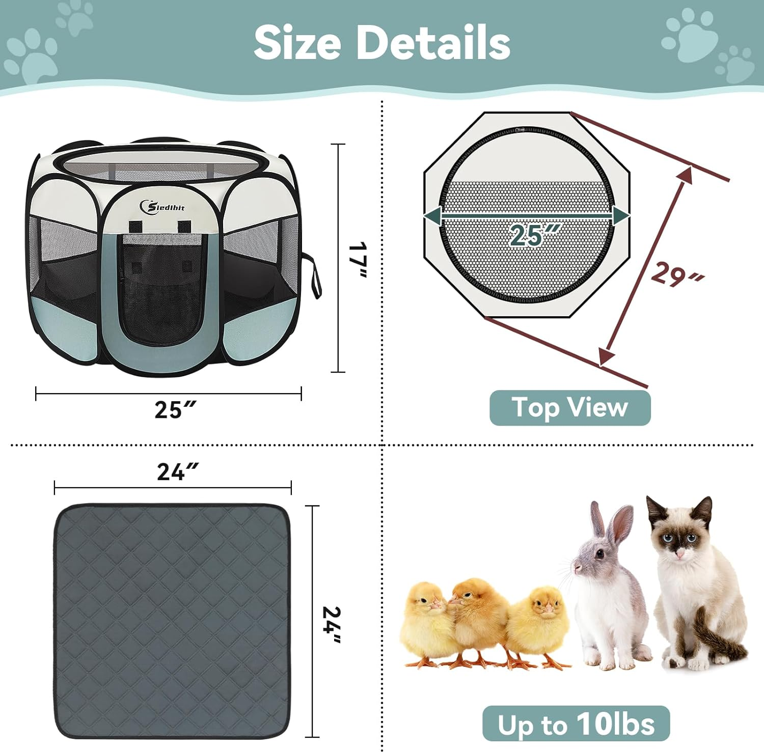 Dog Playpen with Washable Pee Pad, Puppy Pet Cat Playpen Small Dogs Tent Crate Indoor/Outdoor, Portable Pop up Kennel with Carrying Case for Cats/Rabbits(Grey (29" X 29" X 17") with Pad) image number 7