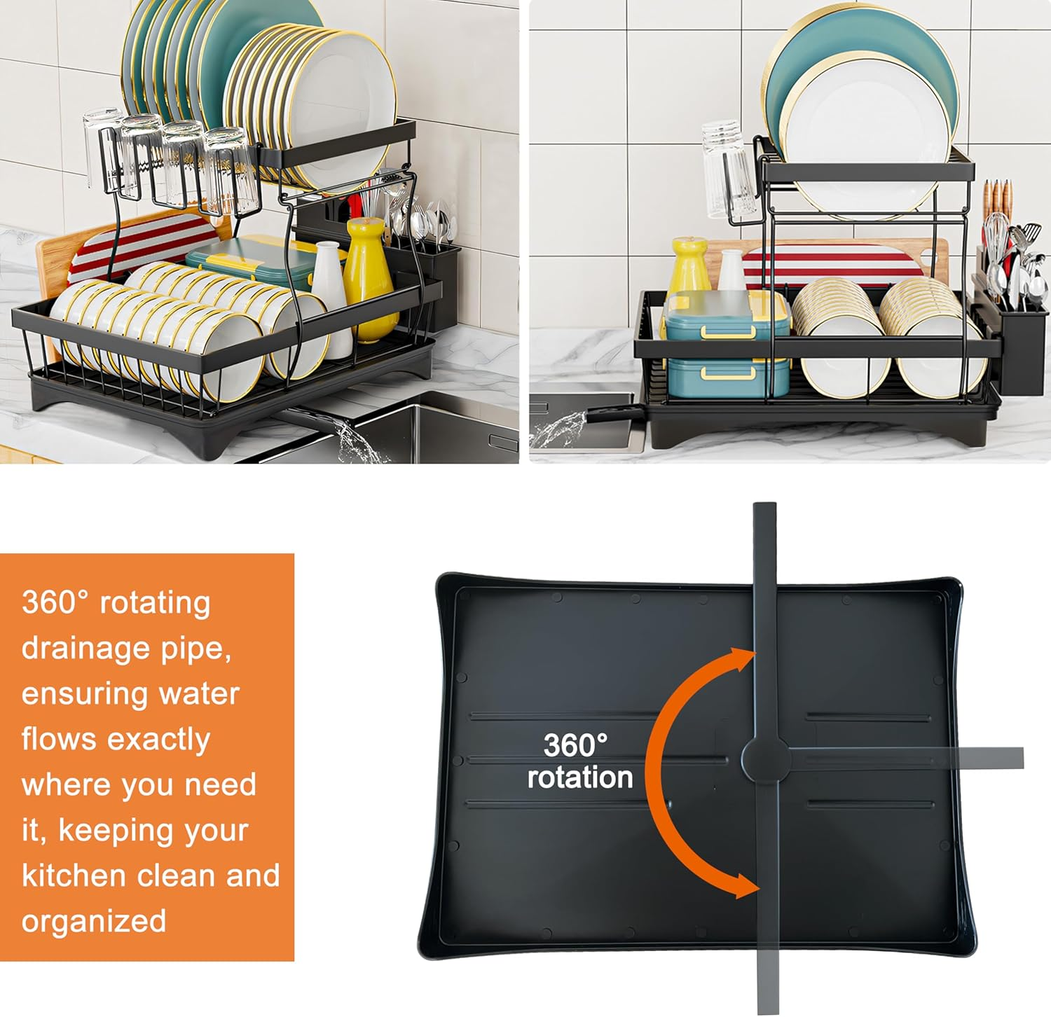 2-Tier Dish Drying Rack &ndash; Heavy-Duty Dish Drainer with 360&deg; Rotating Drainage System, Space-Saving Kitchen Storage & Organization, Black