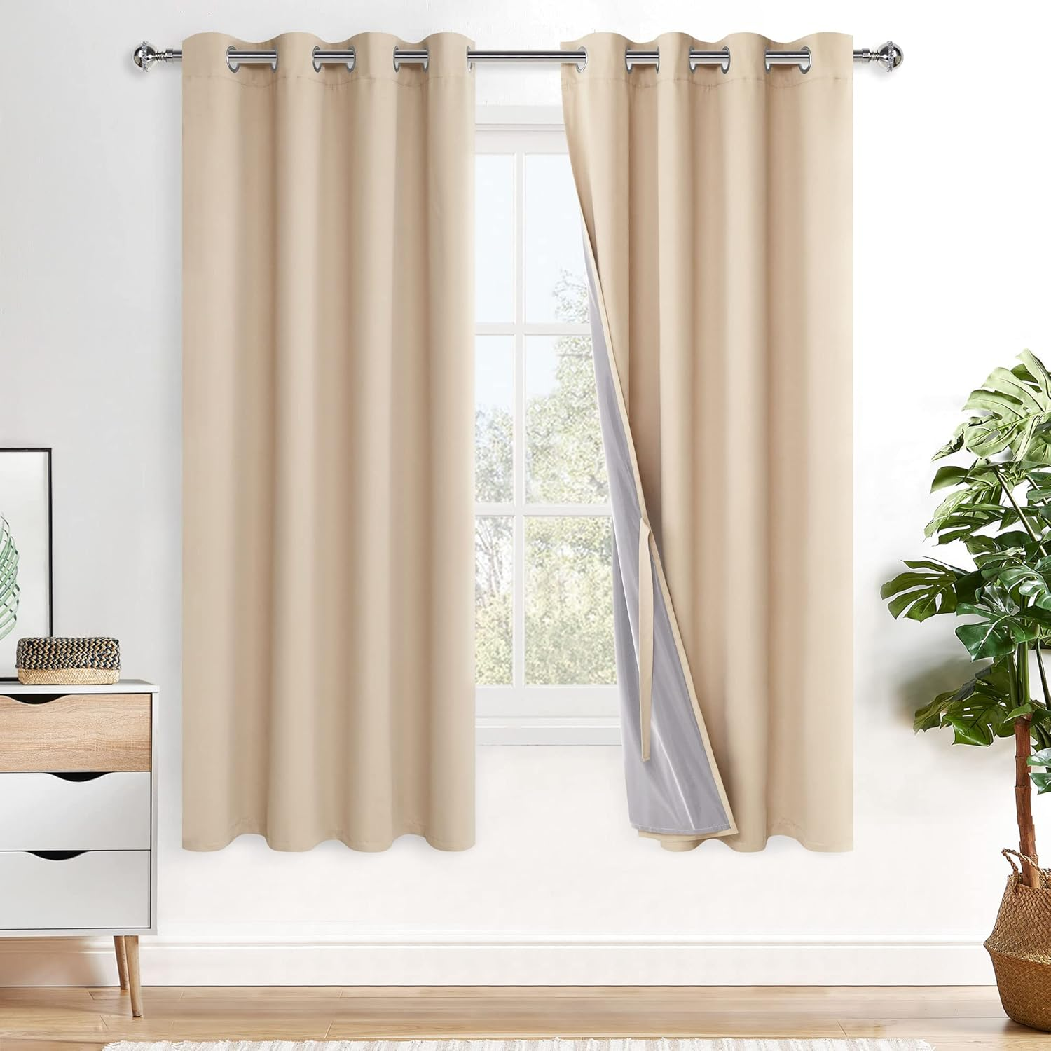 XWZO 100% Blackout Curtains for Bedroom/Living Room - Privacy Protection & Noise Blocking Window Drapes Grommet Top with Black Liner with Tiebacks, Biscotti Beige, W132Cm X D213Cm, Set of 2