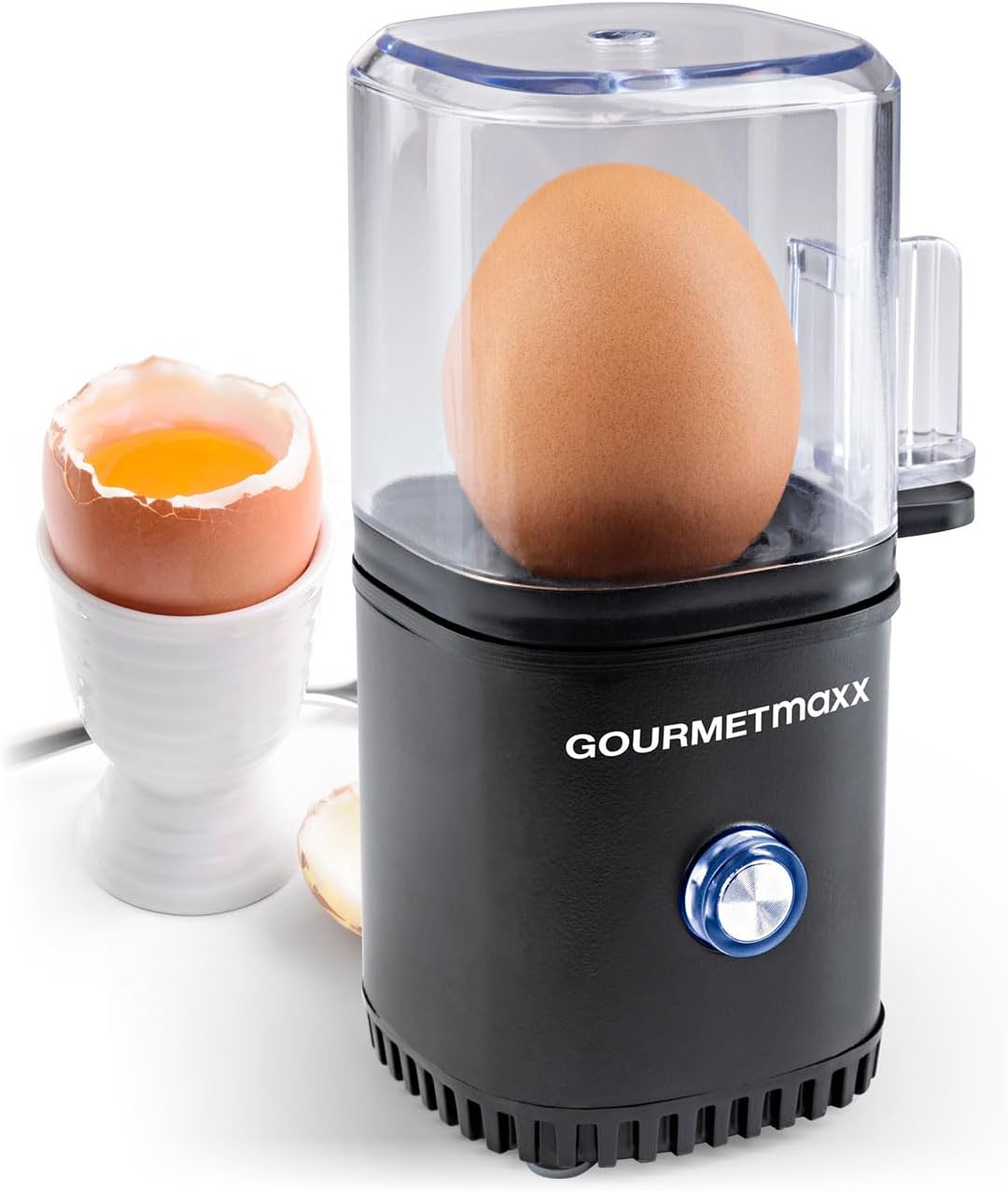 Gourmetmaxx Design Egg Cooker for 2 Eggs, with Egg Picker, Measuring Cup and Signal Sound, Compact Egg Cooker, 3 Degrees of Hardness, Easy Cleaning and Dishwasher Safe Parts