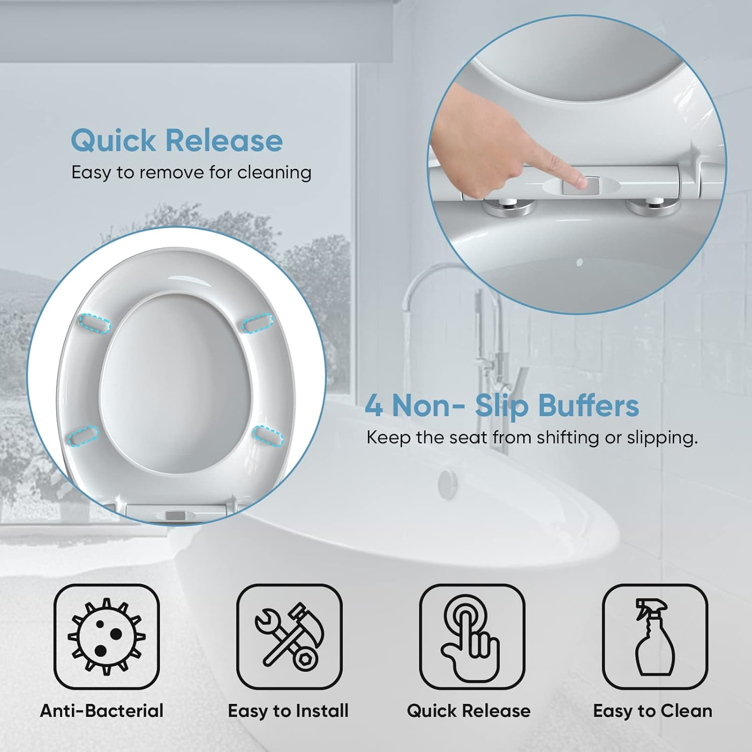 Toilet Seat, MUJIUSHI Soft Close Toilet Seats with Quick Release & Non-Slip Seat Bumpers, Simple Top Fixing, Standard Toilet Seats White with Adjustable Hinges, O Shape image number 1