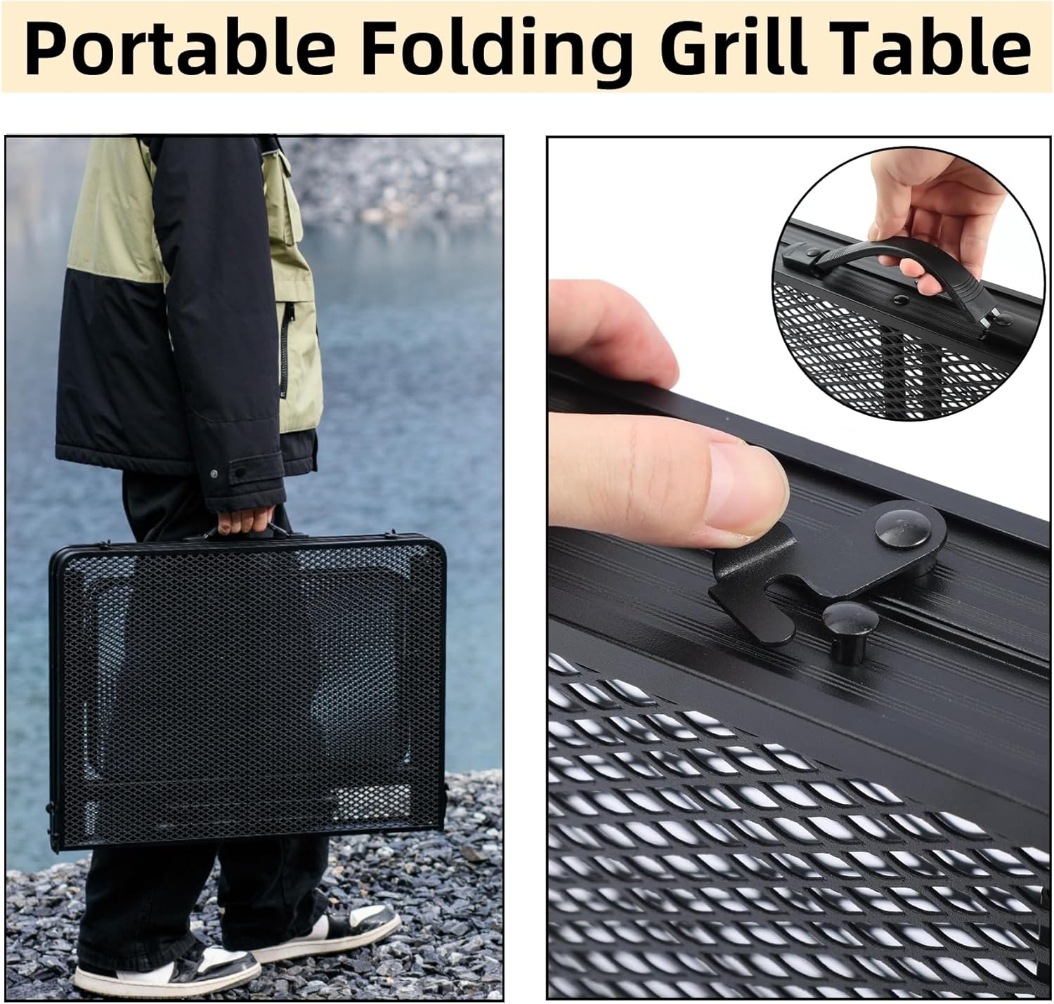 FORYUSE Folding Camping Table 90X60Cm with Extension Board Portable Lightweight Height Adjustable Metal Mesh Desktop Bag Side Pocket for Outdoor BBQ Grill Picnic Beach