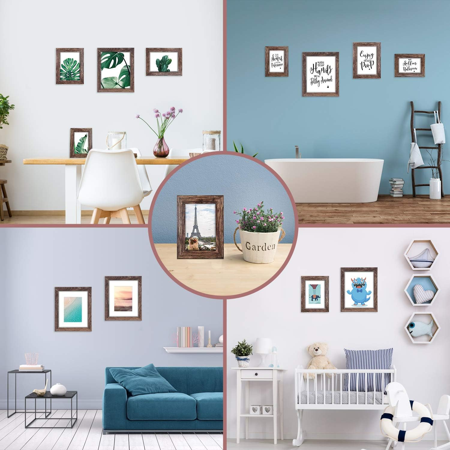 Q.Hou 8X10 Picture Frame Wood Patten Rustic Brown Photo Frames Packs 4 with High Difinition Glass for Tabletop or Wall Decor (AU-QH-PF8X10-BR) image number 5