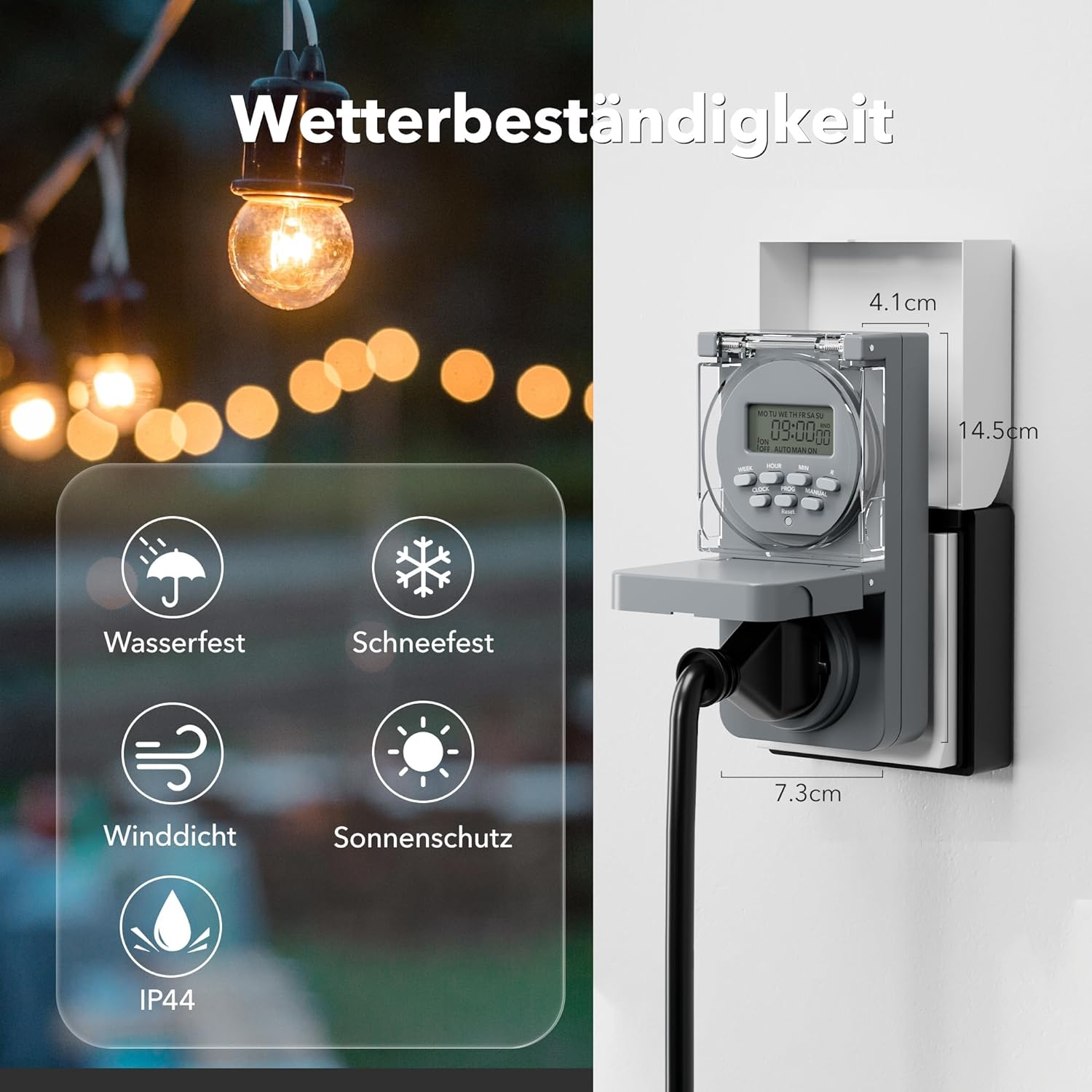 HBN Digital Timer Socket Outdoor, 8 Switching Programmes, Weekly Timer with Random Function, IP44 Outdoor Timer Socket for Christmas Decoration, Pool Pumps, Lighting in the Garden, 3680 W image number 6