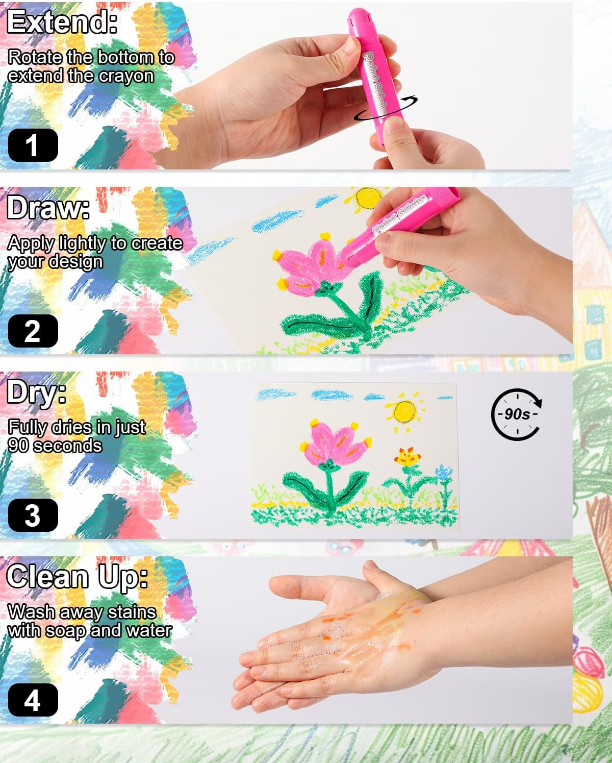 Roizefar Tempera Paint Sticks Kit,12 Colors Paint Sticks, Quick Drying, Safe and Washable Paints Crayons for Kids, Suitable for Paper, Wood, Canvas image number 5