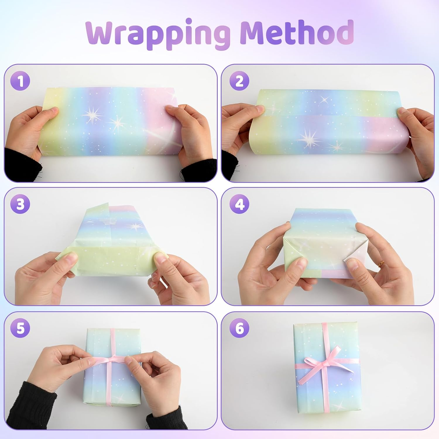 ZCOINS 4 Sheets Gift Wrapping Paper 70 X 50CM for Girls Women Birthday, Aurora Rainbow Purple Pink Gift Wrapping Paper with Ribbon for Mothers Day, Valentines Day, Wedding, Christmas - Cat image number 3