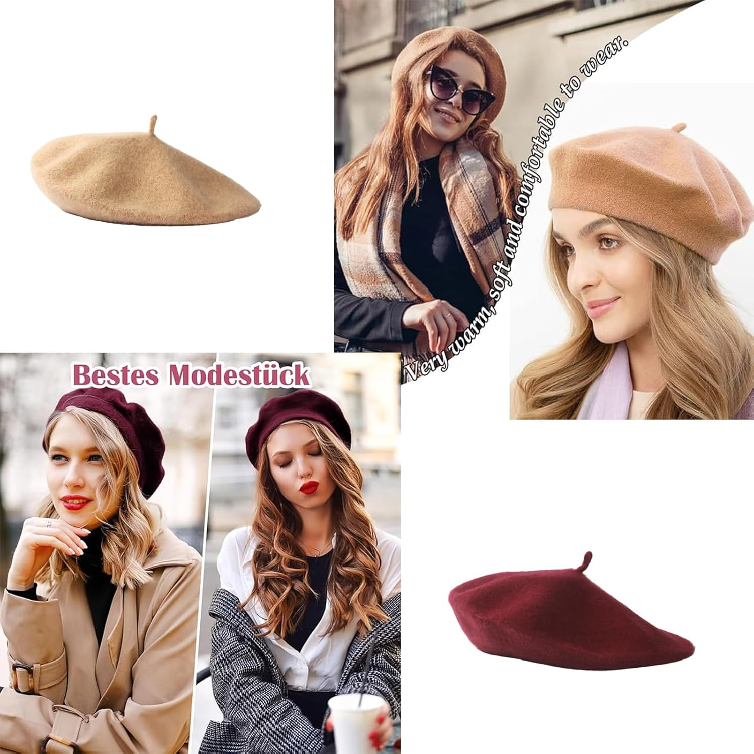2PCS Beret, Classic French Style Beret Hats for Women and Men, Faux Wool Berets, Winter Warm Fashion Accessory, Costume Party Hat, Women'S Accessories image number 5