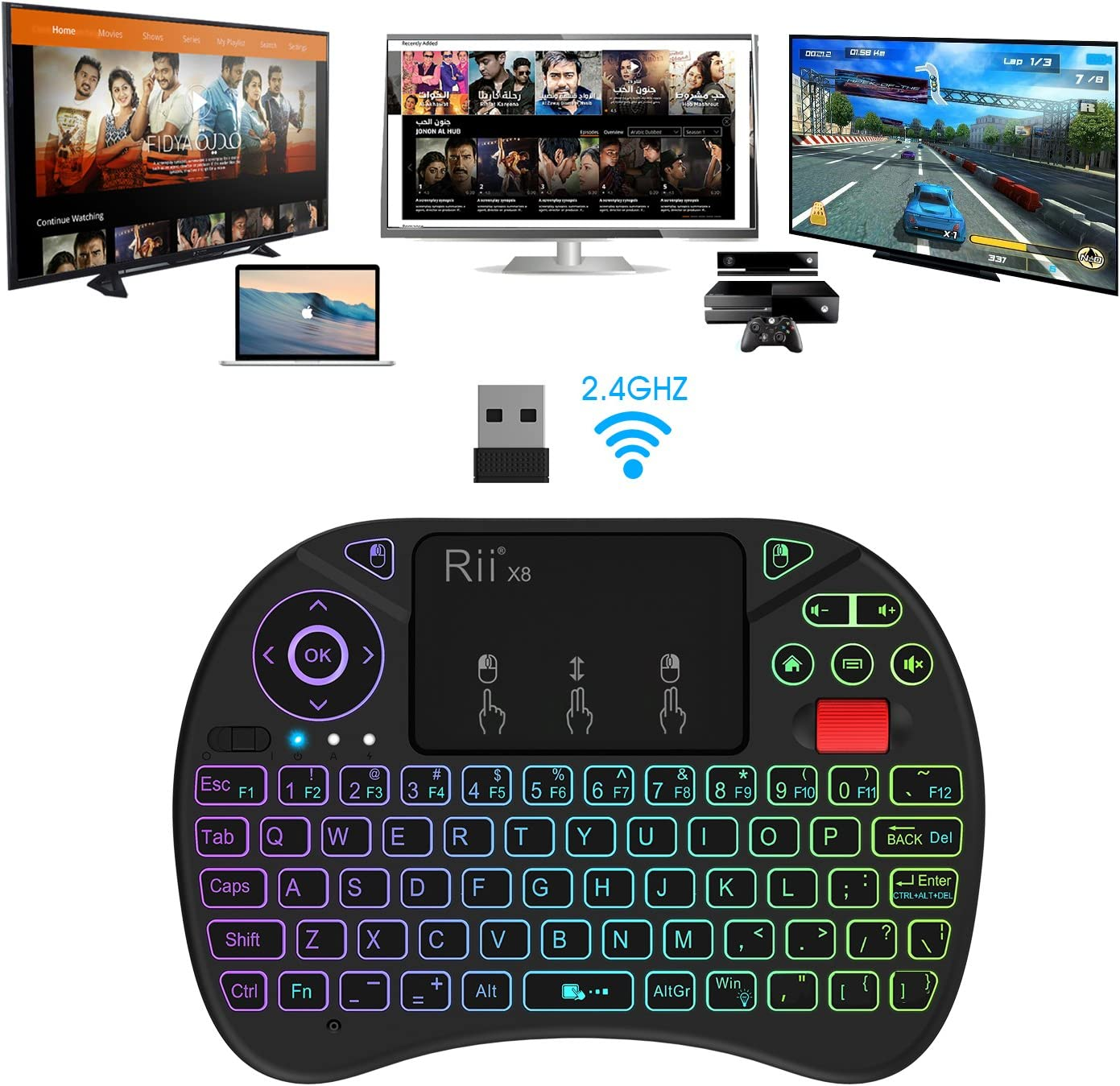 Upgraded Riitek Rii X8 2.4Ghz Mini Wireless Keyboard Remote Controller with Touchpad Mouse Combo, 8-Colour LED Backlight, Scroll Wheel and Built-In Rechargeable Lithium-Ion Battery image number 3