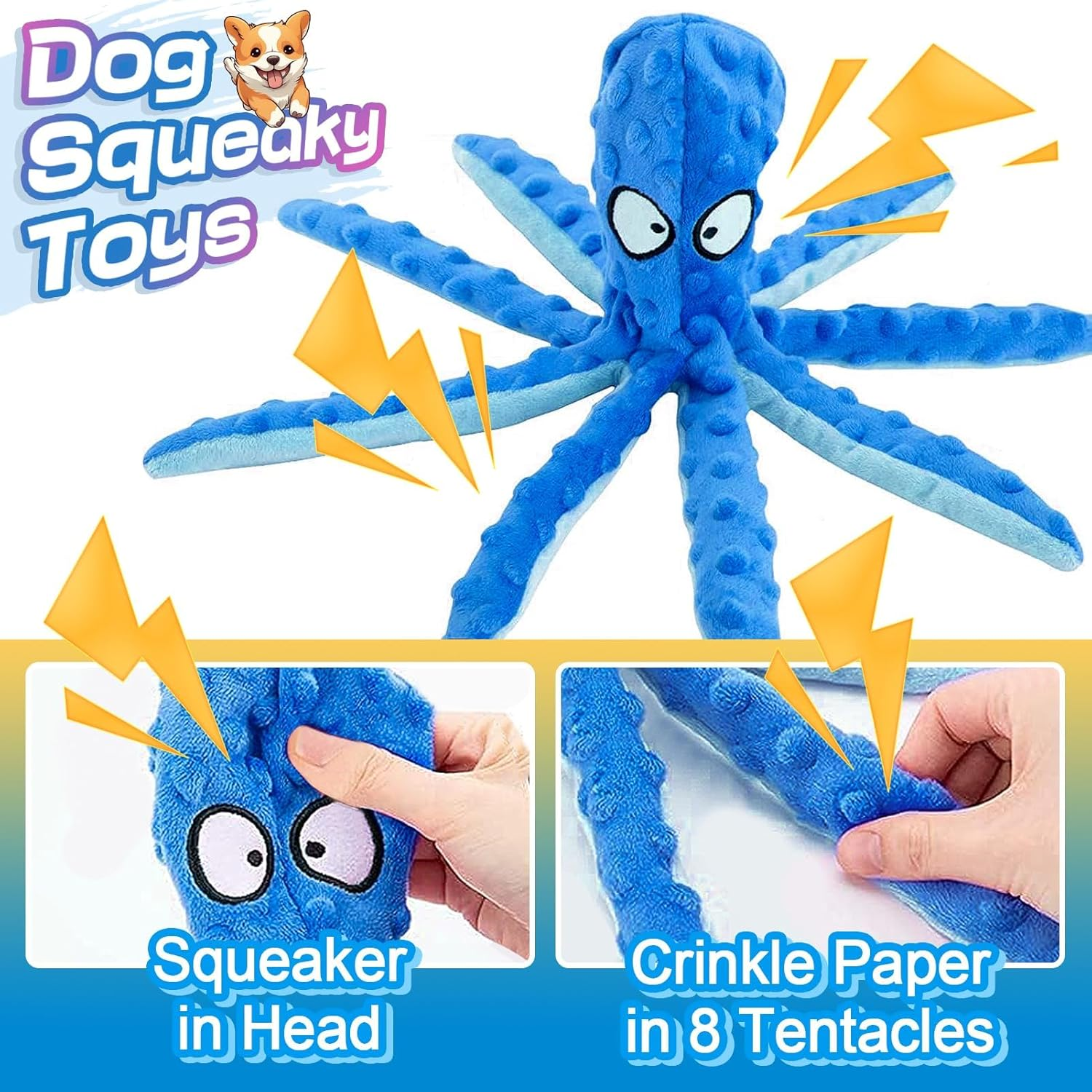 ZERIFAM Squeaky Dog Toys - 3 Piece Set of Octopus Fold Plush Pet Toys without Plush Filling, Durable Interactive Pet Chew Toys for Puppies, and Training for Small and Medium-Sized Dogs image number 3