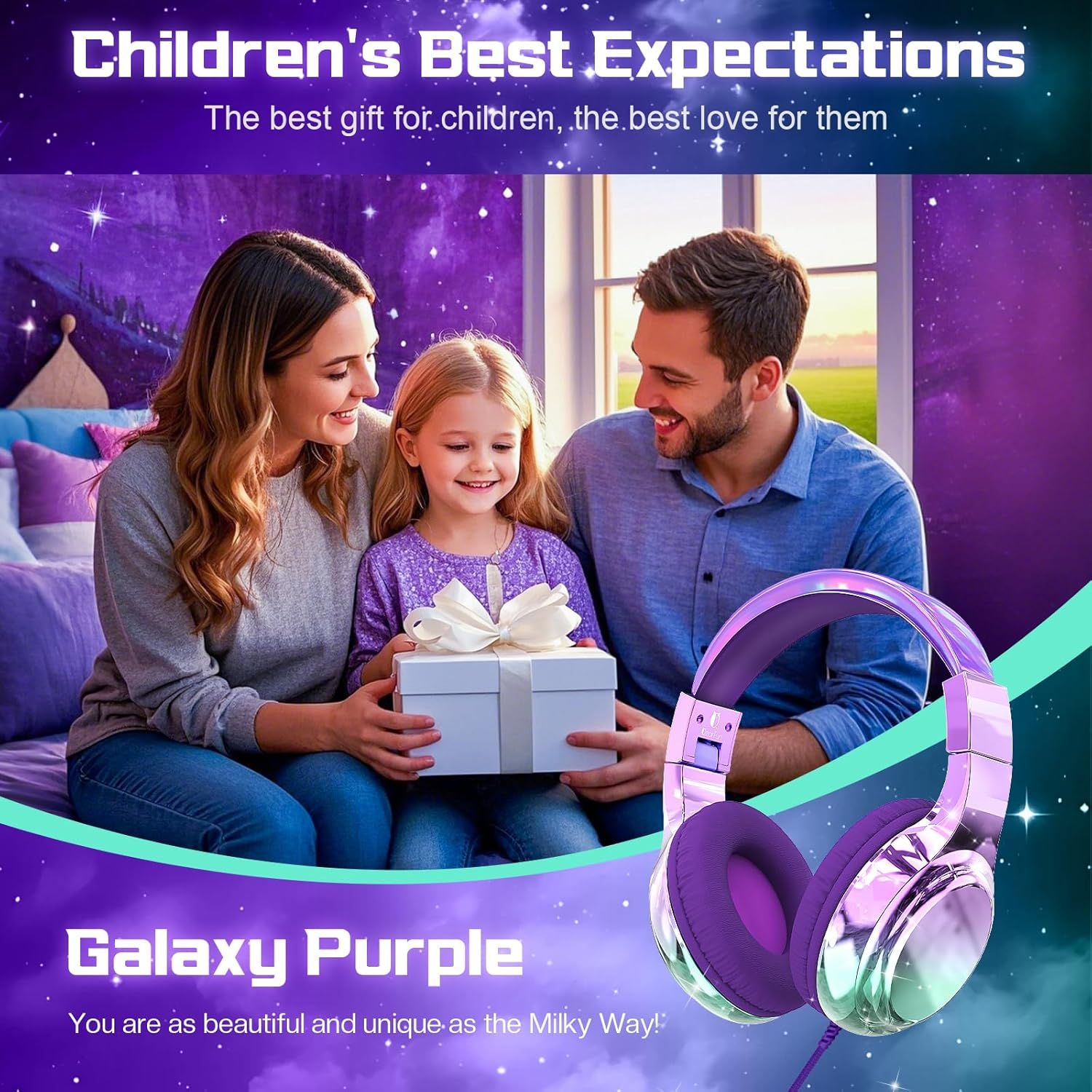 Qearfun Kids Headphones with Microphone, Wired, on Ear, Volume Limited to 85/94Db, Sharing Jack, Foldable, Deep Purple Aurora - Black image number 2