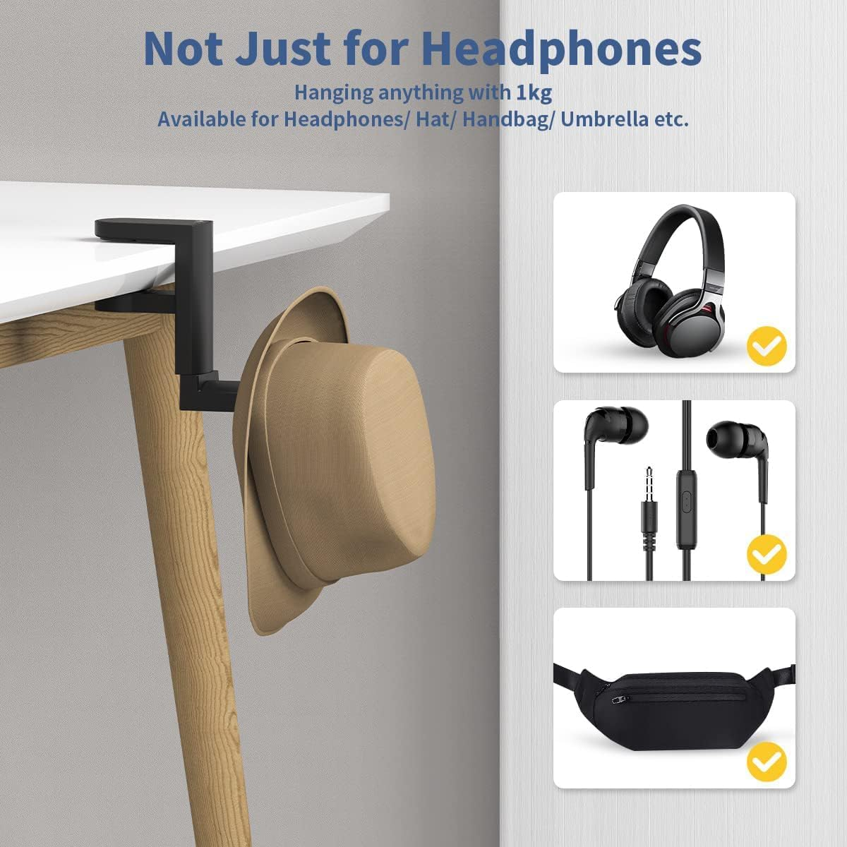 PC Gaming Headset Hook Holder Hanger Mount, Headphones Stand with Adjustable 360 Rotating Arm, under Desk Clamp on Design, Universal Fit, Built in Cable Clip Organizer (Black) (#1) image number 2
