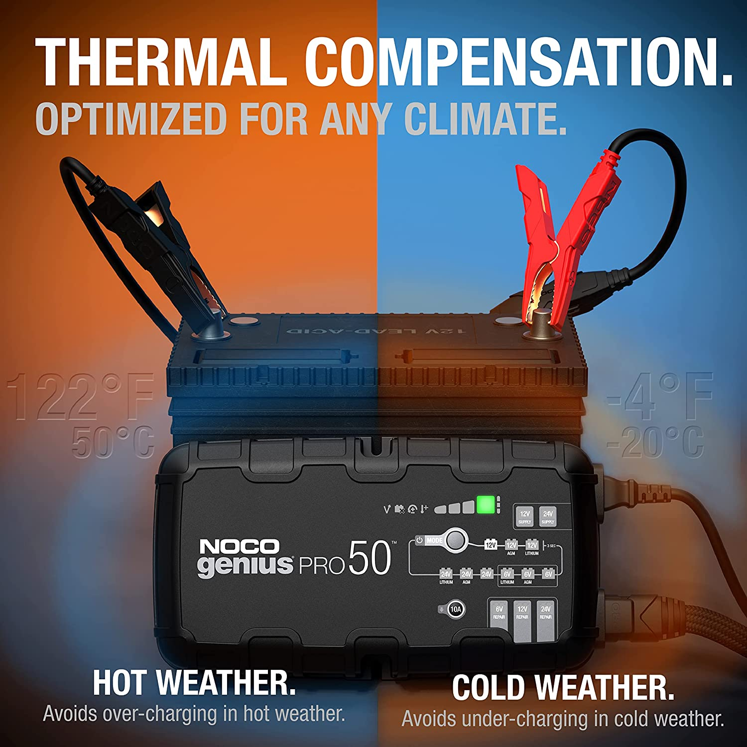 NOCO GENIUSPRO50, 50A Smart Battery Charger, 6V, 12V and 24V Portable Car Battery Charger, Battery Maintainer, Trickle Charger and Desulfator for Automotive, Marine, Truck, AGM and Lithium Batteries image number 4