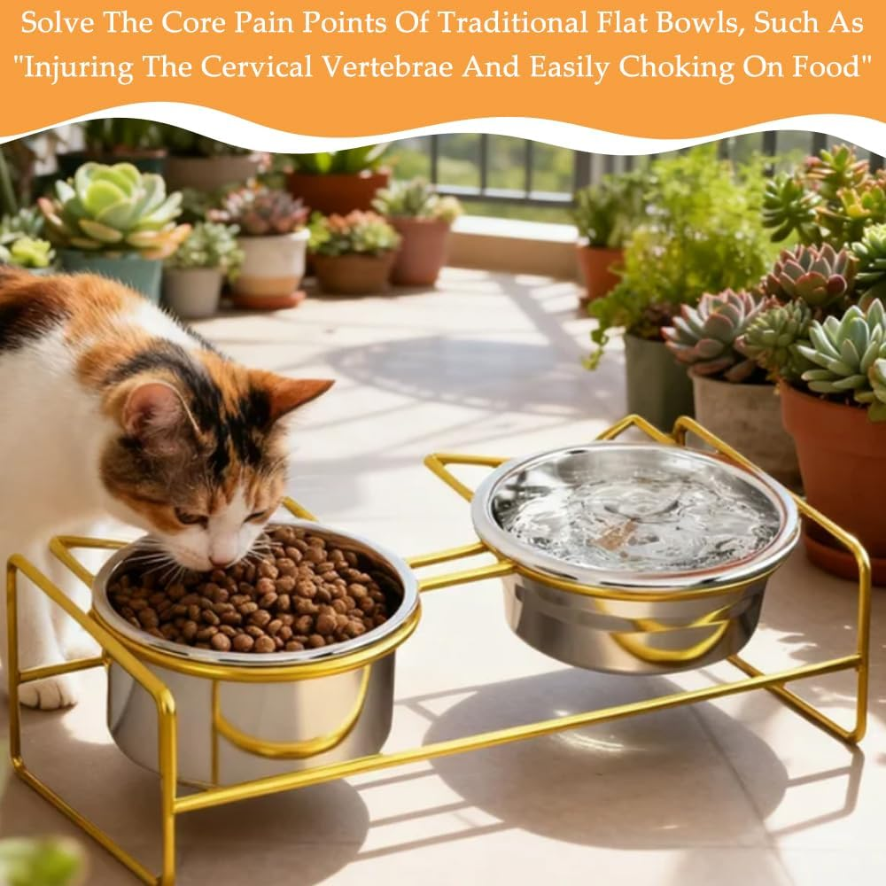 Cat Bowl, Double-Layer Stainless Steel Pet Bowl with 10&deg; Tilt Stand for Food and Water, Anti-Vomiting Cat Bowls Feeder, Ideal for Kittens and Small Dogs (Gold) image number 6