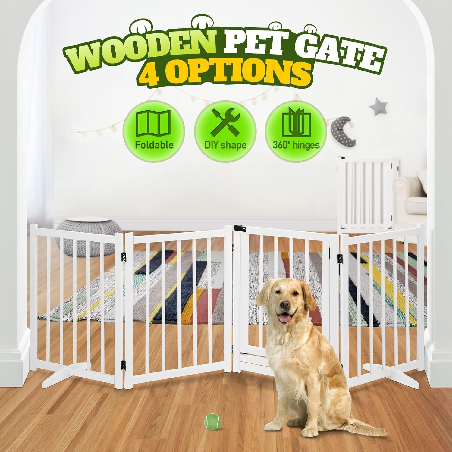 Pet Scene 4 Panel Pet Playpen for Puppy, Foldable Pet Safety Gate Wood Enclosure Security Fence Freestanding Dog Stair Doorway Tall Barrier with Door Indoor image number 1