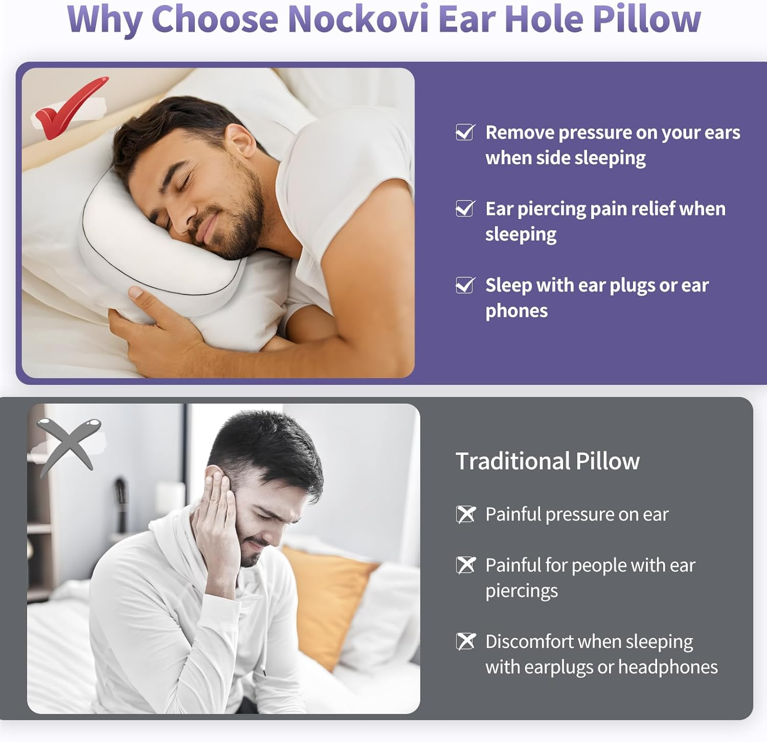 Nockovi Piercing Pillow for Side Sleepers with Ear Hole, 12X18Inch White Velvet Mini Orthopedic Support Pillow for Ear Pain Relief image number 1