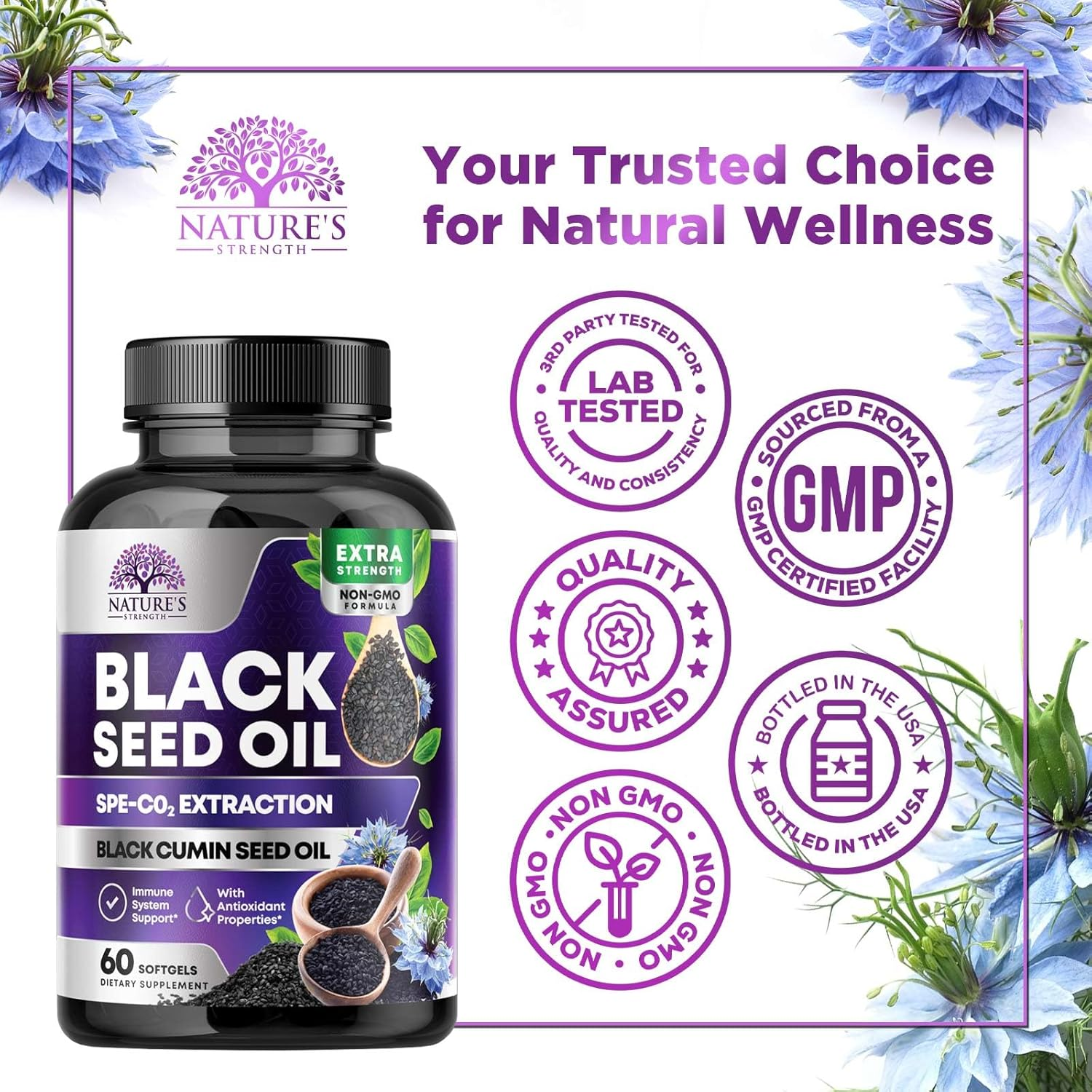 Black Seed Oil Capsules 1000Mg, Vegan Premium Nigella Sativa Black Cumin Seed Oil, Non-Gmo, Vegetarian, Extra Strength Blackseed Oil Softgel Supplement for Immune Support - 60 Capsules image number 6