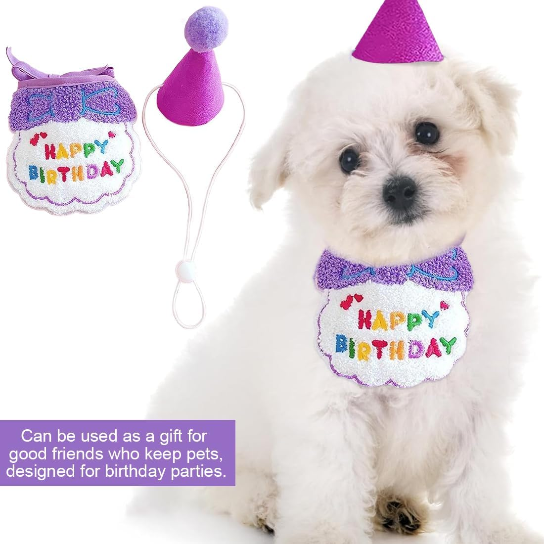 2 Pieces Dog Birthday Hat, Pet Cat Dog Happy Birthday Bib, Cat Birthday Decoration, Dog Birthday Set, Pet Costumes Headpiece Accessories (Purple) image number 5