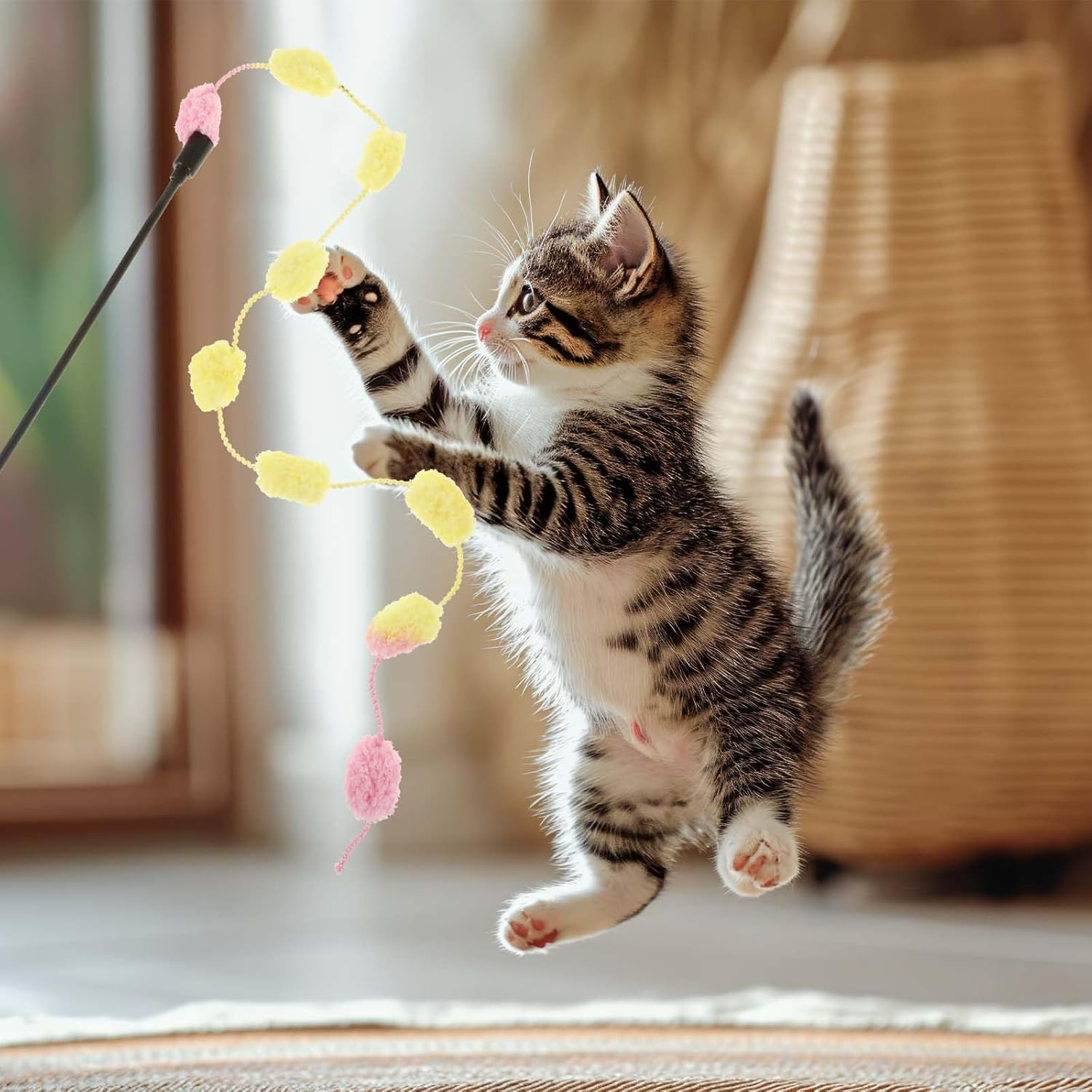 Cat Wand Toy, 3 Pieces Cat Dance String Toys for Indoor Cats Colorful Cat Stick Toy Cat Ribbon Toy Interactive Cat Teaser Wand Toys Pole with Bells for Indoor Cats Kitten to Play Chase Exercise image number 3
