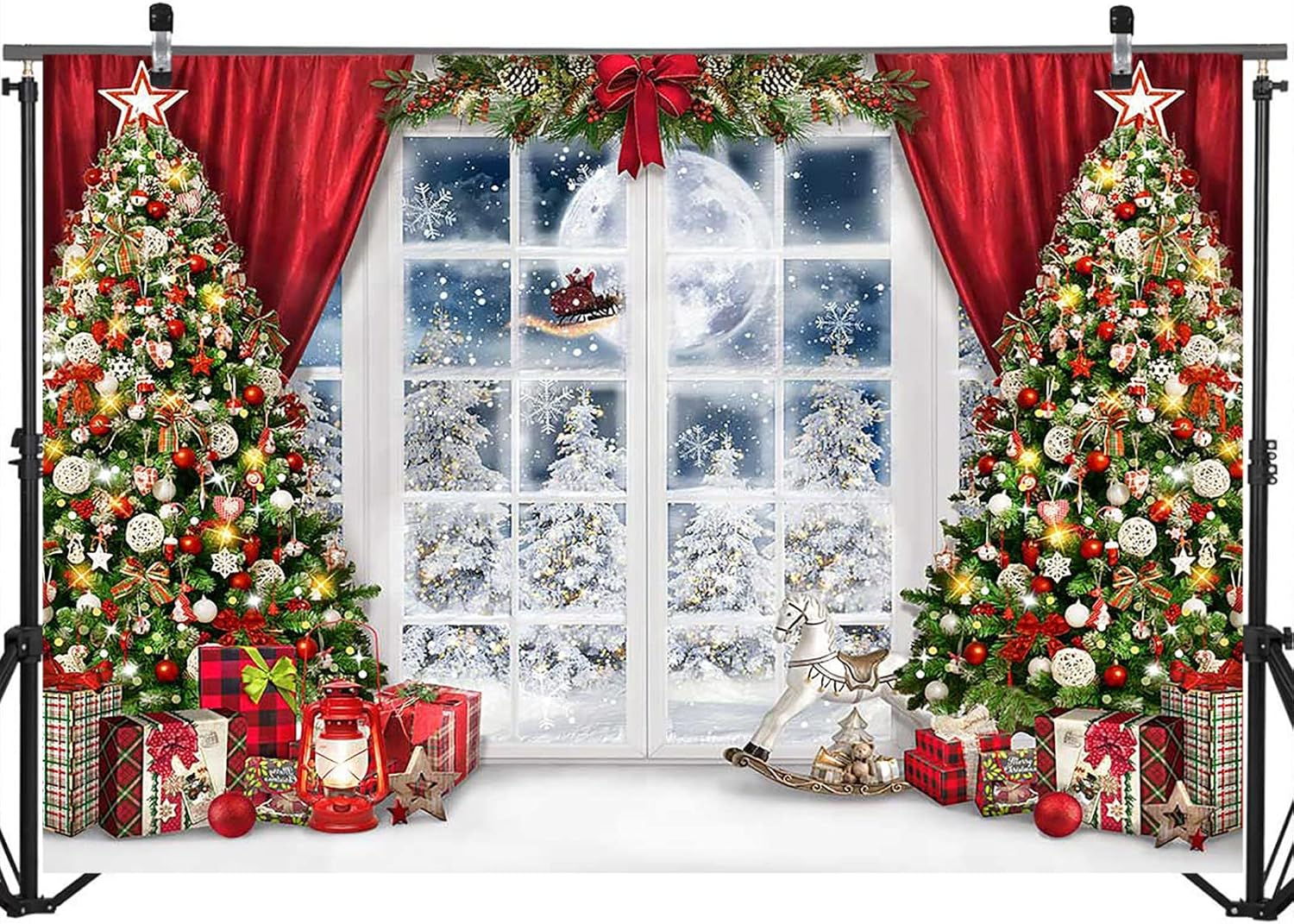 Mocsicka Christmas Window Backdrop for Photography Winter Xmas Trees Merry Christmas Party Decorations Photo Backdrops Xmas Night Santa Claus Photography Background (7X5Ft) image number 5