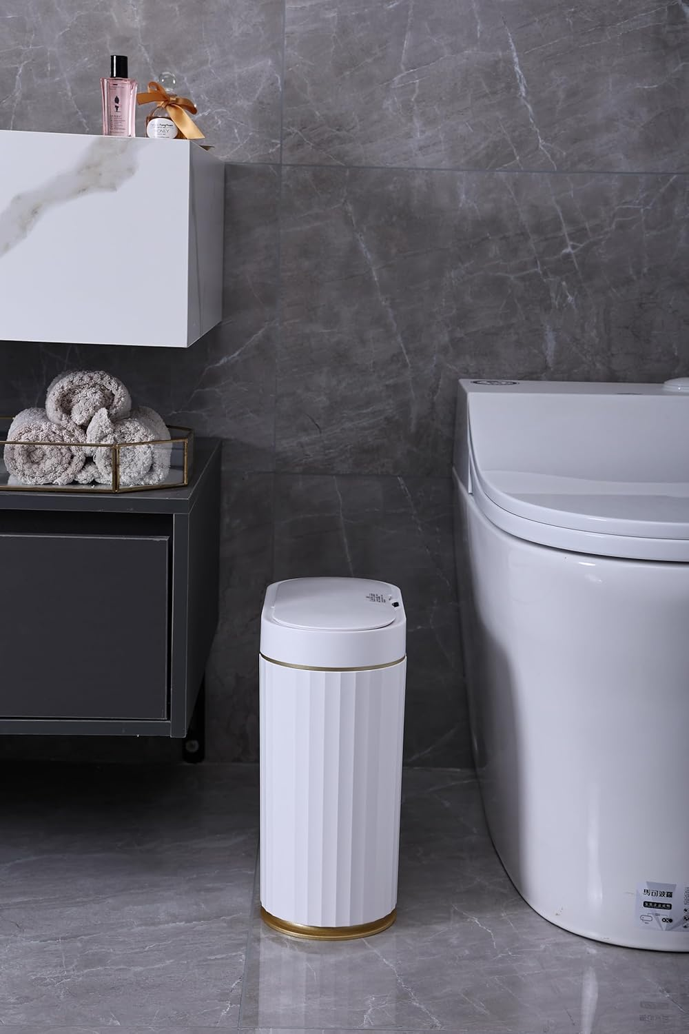 ELPHECO 2.5Gallons Sensor Bin with Lid Automatic Open Touchless Rubbish Bin for Bathroom Kitchen White and Gold image number 1