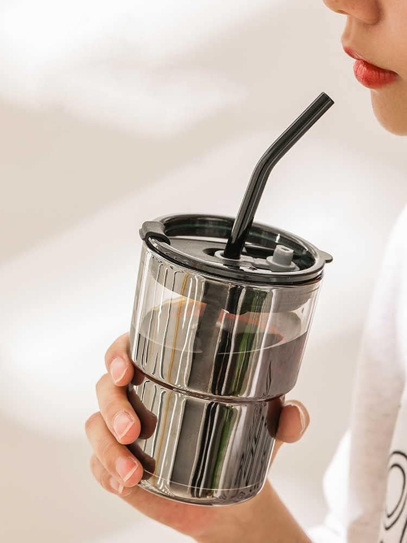 13 OZ/400ML Ice Coffee Glass Tumbler with Straw and Lid Sealed Carry On, Thick Wall Water Glass Cup Mug Tea （Gray） - Black image number 6