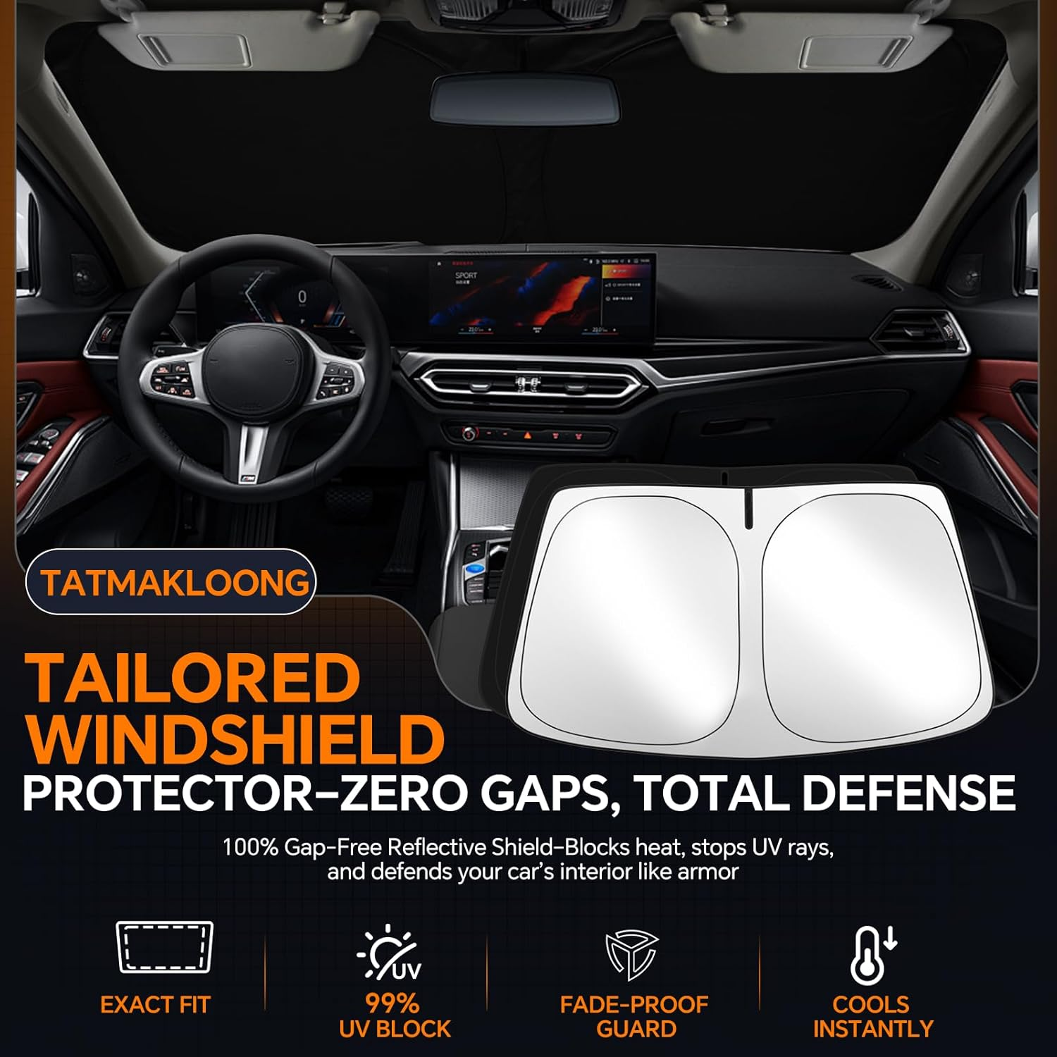 Tatmakloong Windshield Sunshade for Porsche Cayenne 2019-2024 Custom Fit Front Window Sun Shade Blocks 99% UV Rays Foldable Shield Protect Car Interior Accessories image number 6