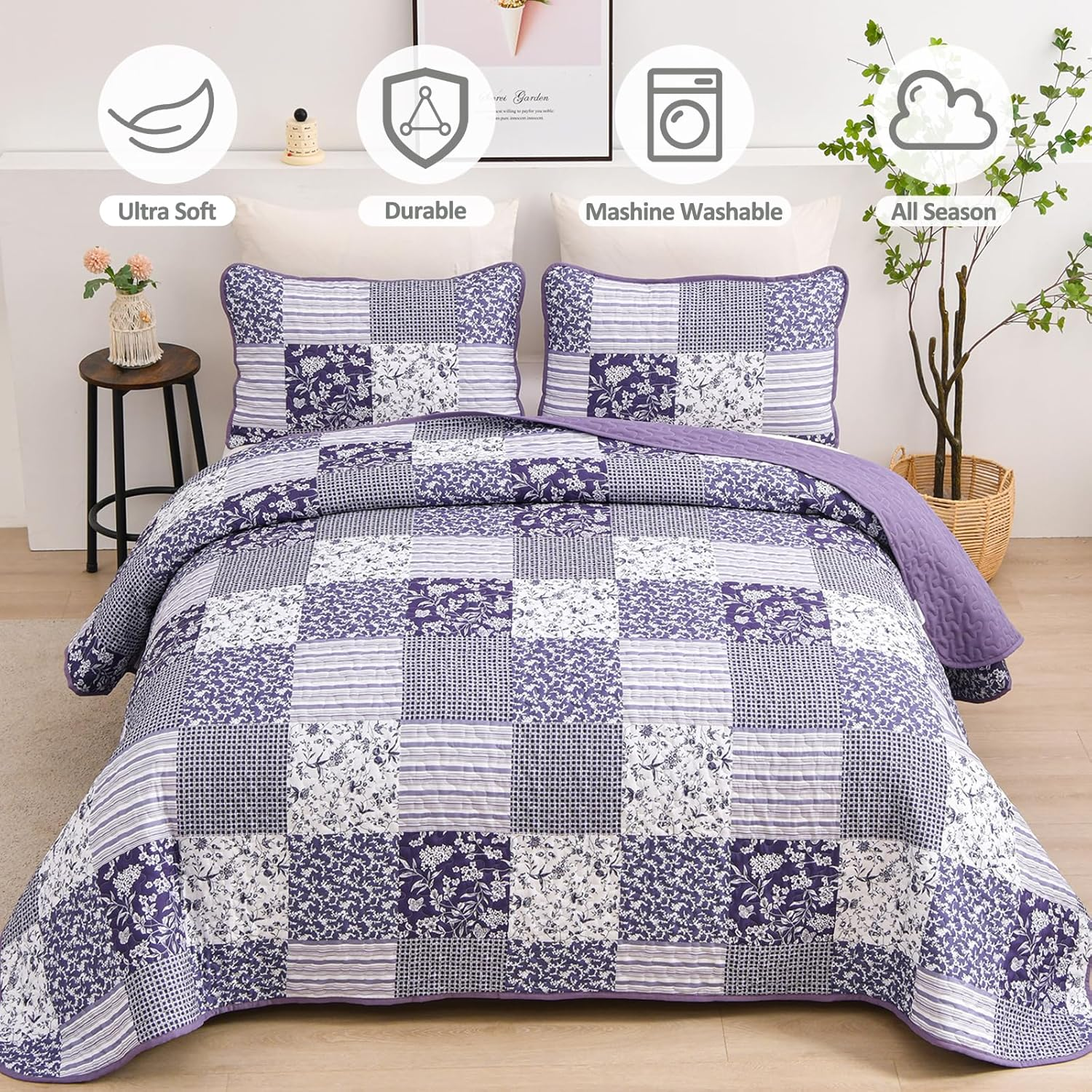 3Pcs Soft Coverlet Bedspread Set Queen King Size Patchwork Quilted Bed Floral Microfiber Lightweight Bohemian Bedding Set for All Season (Purple, Queen) image number 1