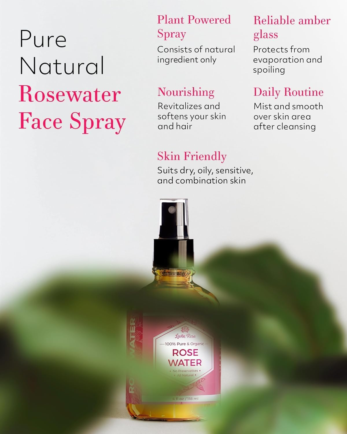 Rose Water Facial Toner by Leven Rose, 100% Pure Natural Moroccan Rosewater Hydrosol Face Spray 4 Oz image number 5