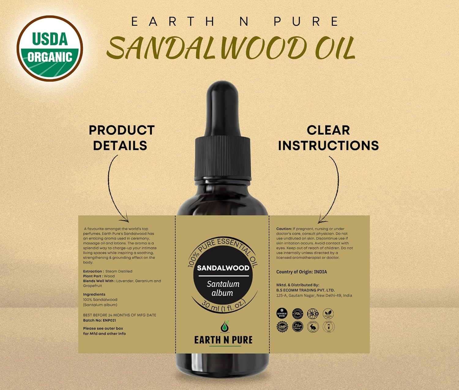 Earth N Pure Sandalwood Essential Oil (Chandan Oil) | 30 Ml | 100% Pure, Undiluted, Natural & Therapeutic Grade-Bright, Clean, Flawless Skin, Ideal for Diffusers image number 2