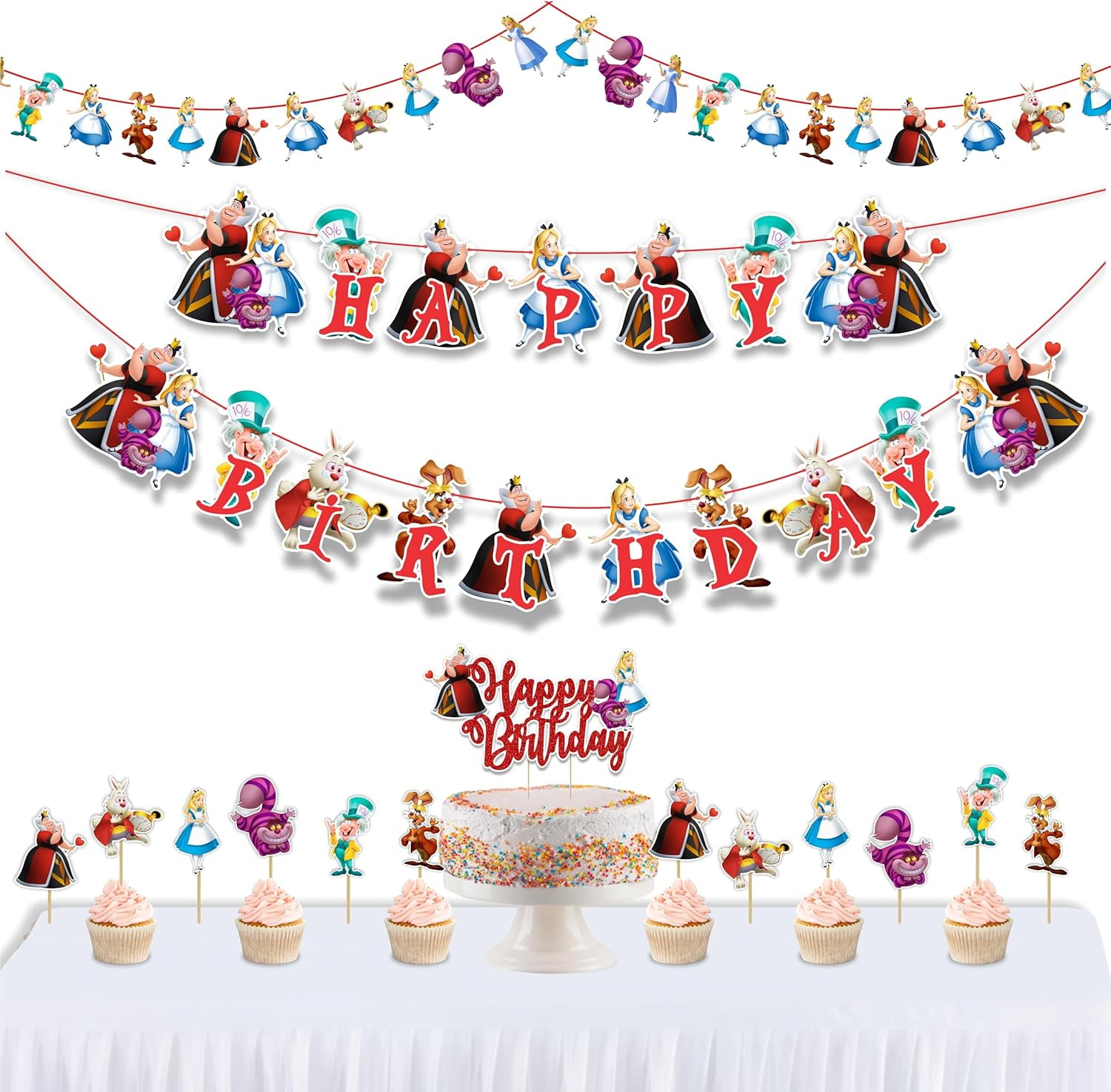 Alice in Wonderland Theme-Inspired Party Decor Set &ndash; Mad Hatter Tea Party Decorations, Queen of Hearts Accents, Vintage Fantasy Wonderland Theme for Birthdays, and Storybook Celebrations