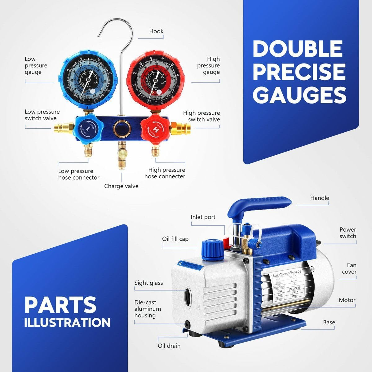 AUSWAY 4CFM Vacuum Pump Set 1/3 HP 1 Stage Air Conditioning HVAC Refrigeration Auto AC Repair Tools Food Clothes Packaging R134A R410 Manifold Gauges image number 2
