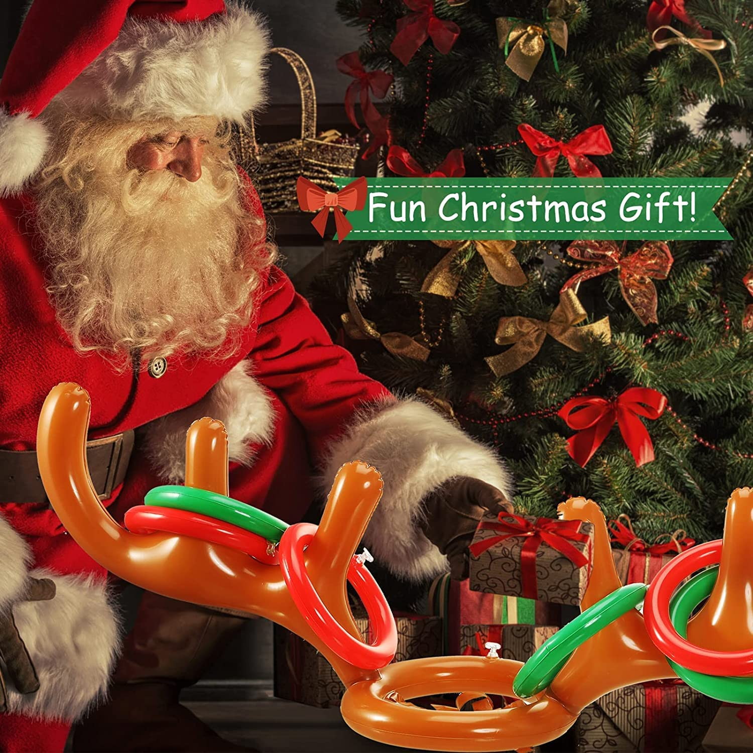 T Tersely 2 Pack Antlers and 12 Rings Christmas Party Inflatable Reindeer Antler Hat Ring Toss Game with Rings Xmas Games for Family Fun image number 6