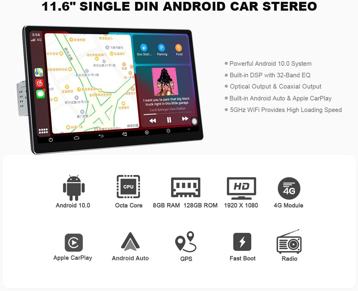 JOYING Navigation Car Stereo 11.6 Inch Octa Core Single Din Android Auto Radio Car In-Dash Navigation GPS Units with Full-Fit 1920X1080 Screen 8GB+128GB Support Bluetooth 5.1,Dvr,Obd2,Back-Up Camera image number 3