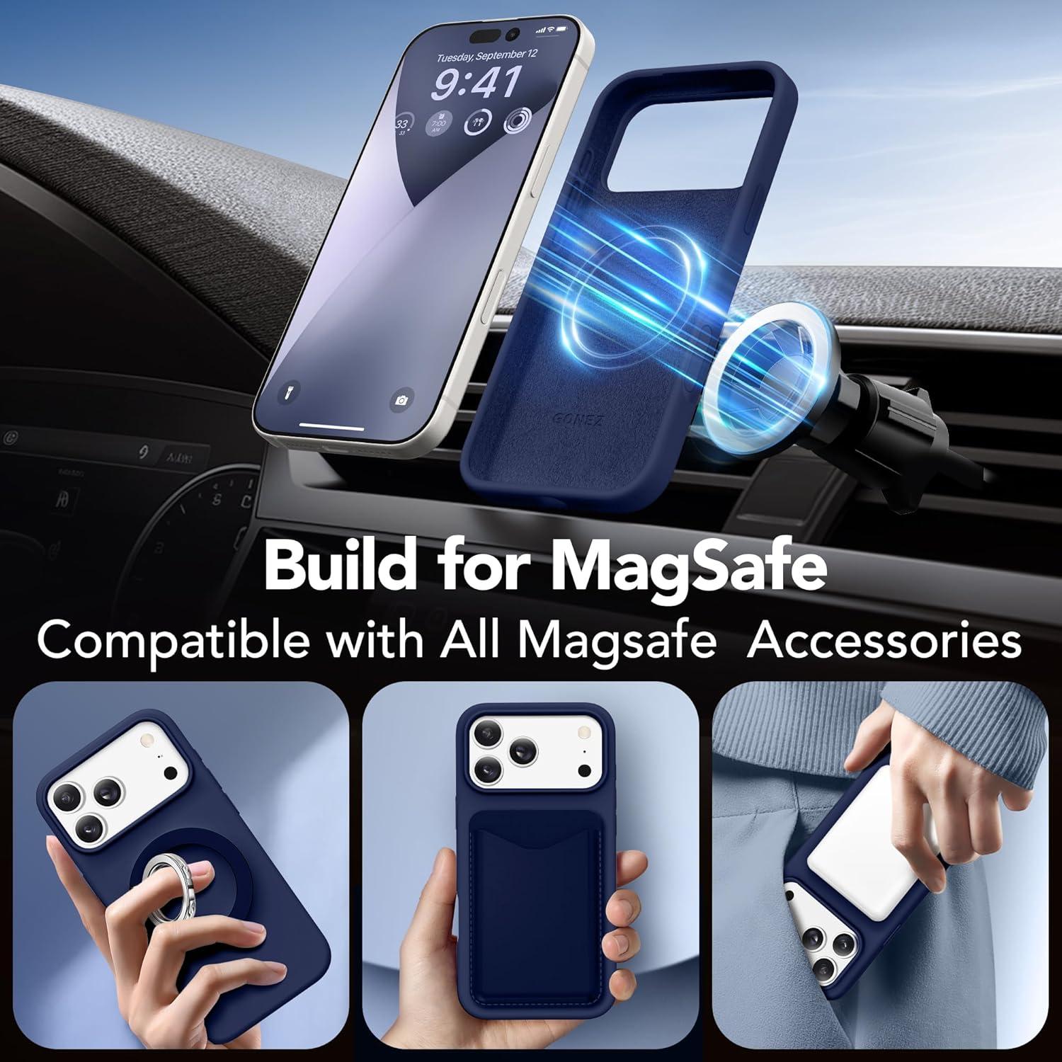 GONEZ Magnetic for Iphone 17 Pro Max Case, Compatible with Magsafe, [Screen Protector + Camera Lens Protector], Liquid Silicone Anti-Scratch Shockproof Protective Phone Case 6.9 Inch, Midnight Blue