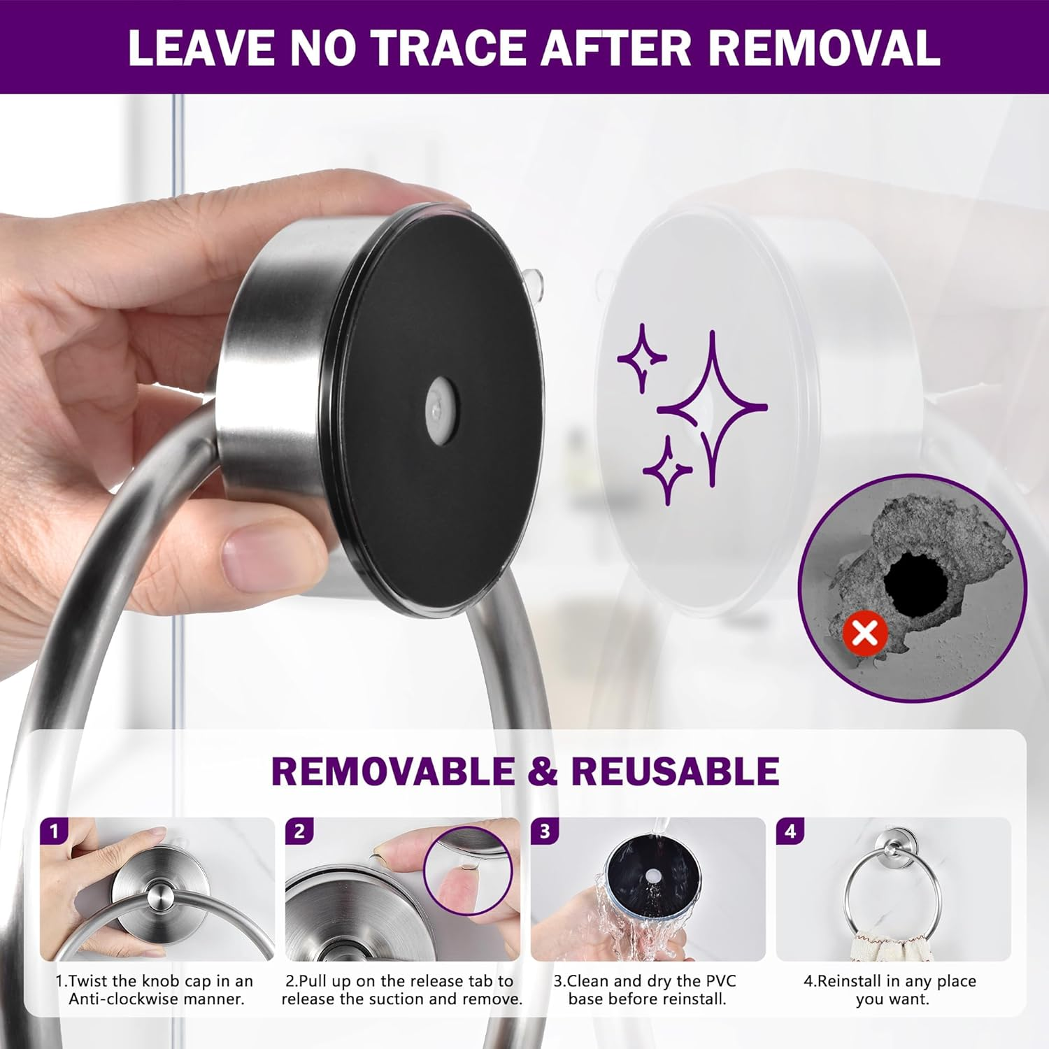 JOMOLA Stainless Steel Suction Towel Ring Holder, No-Drill Bathroom & Shower Accessory, Rustproof Adjustable Towel Rack for Spa, Hotel & Home Use, Brushed Finish, Damage-Free Strong Hold image number 6